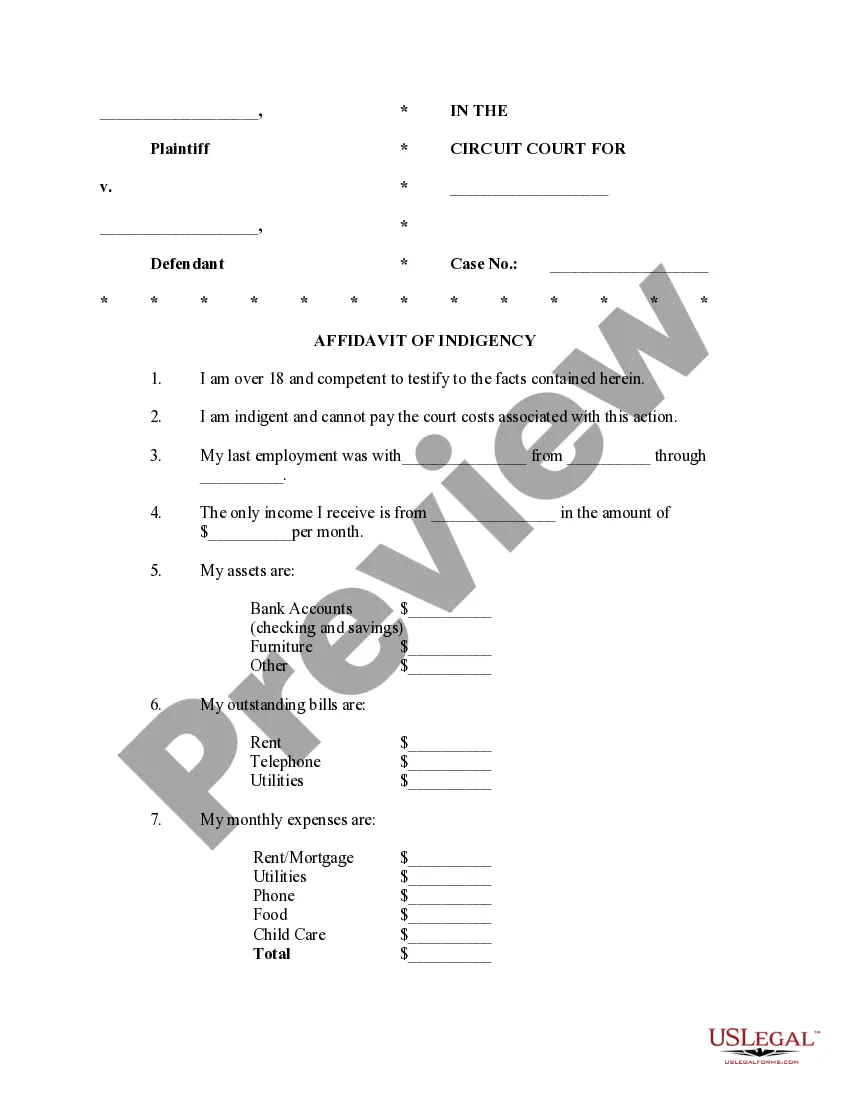 Preview Motion for Waiver of Prepayment of Court Costs and Fees