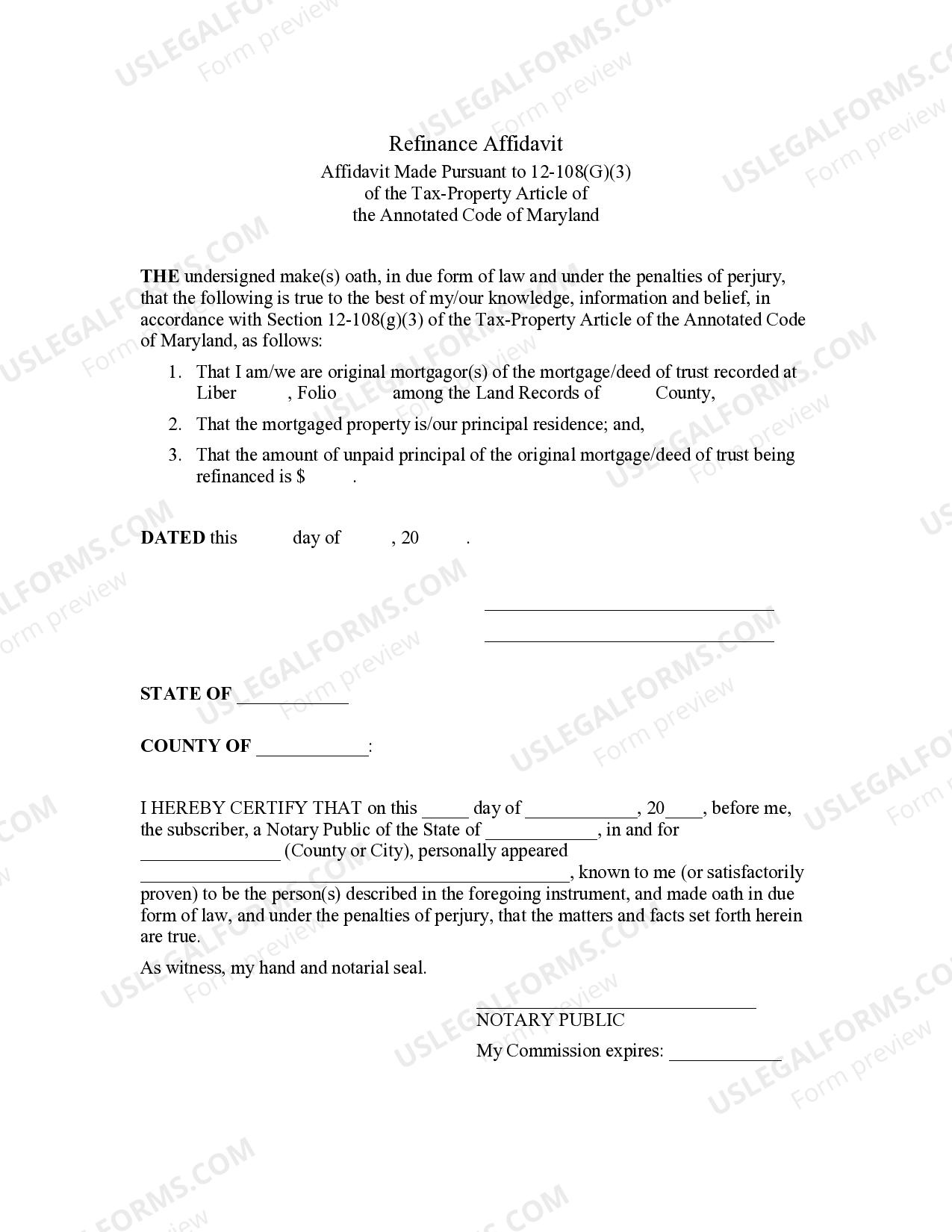 Maryland Refinance Affidavit | US Legal Forms