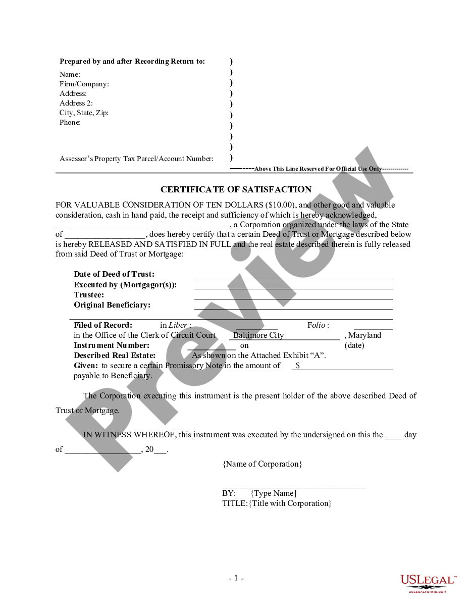 page 0 Satisfaction, Release or Cancellation of Deed of Trust by Corporation - Baltimore City preview