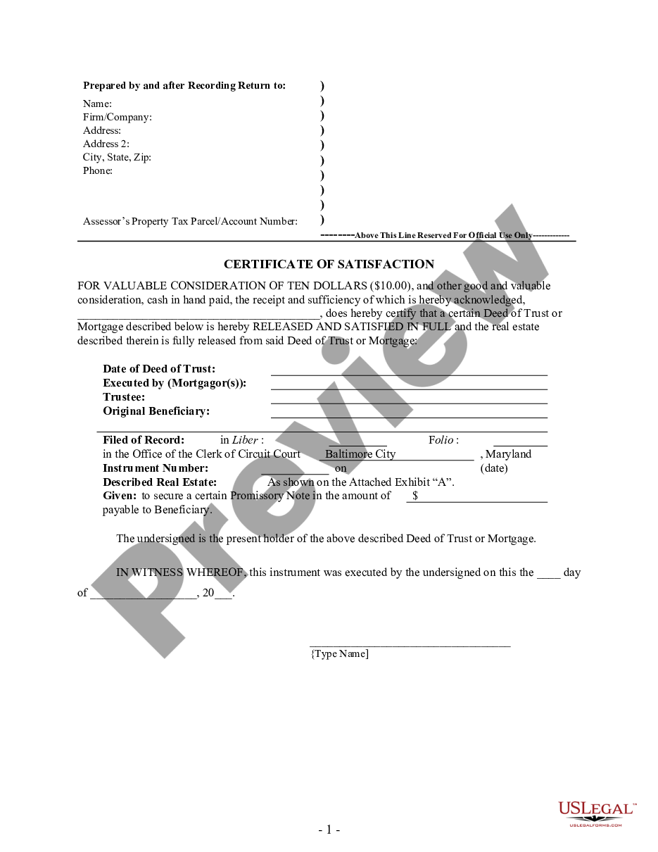 page 0 Satisfaction, Release or Cancellation of Deed of Trust by Individual - Baltimore City preview