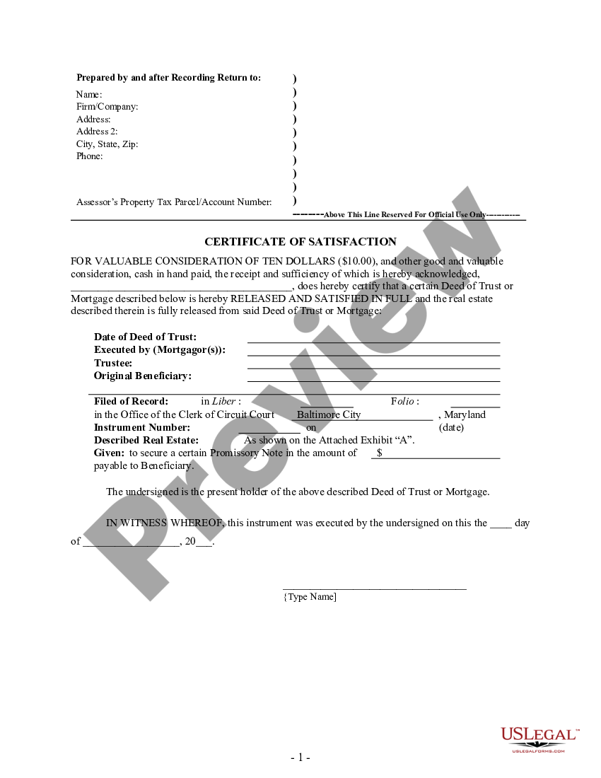 Maryland Satisfaction, Release or Cancellation of Deed of Trust by  Individual - Maryland Release Trust | US Legal Forms