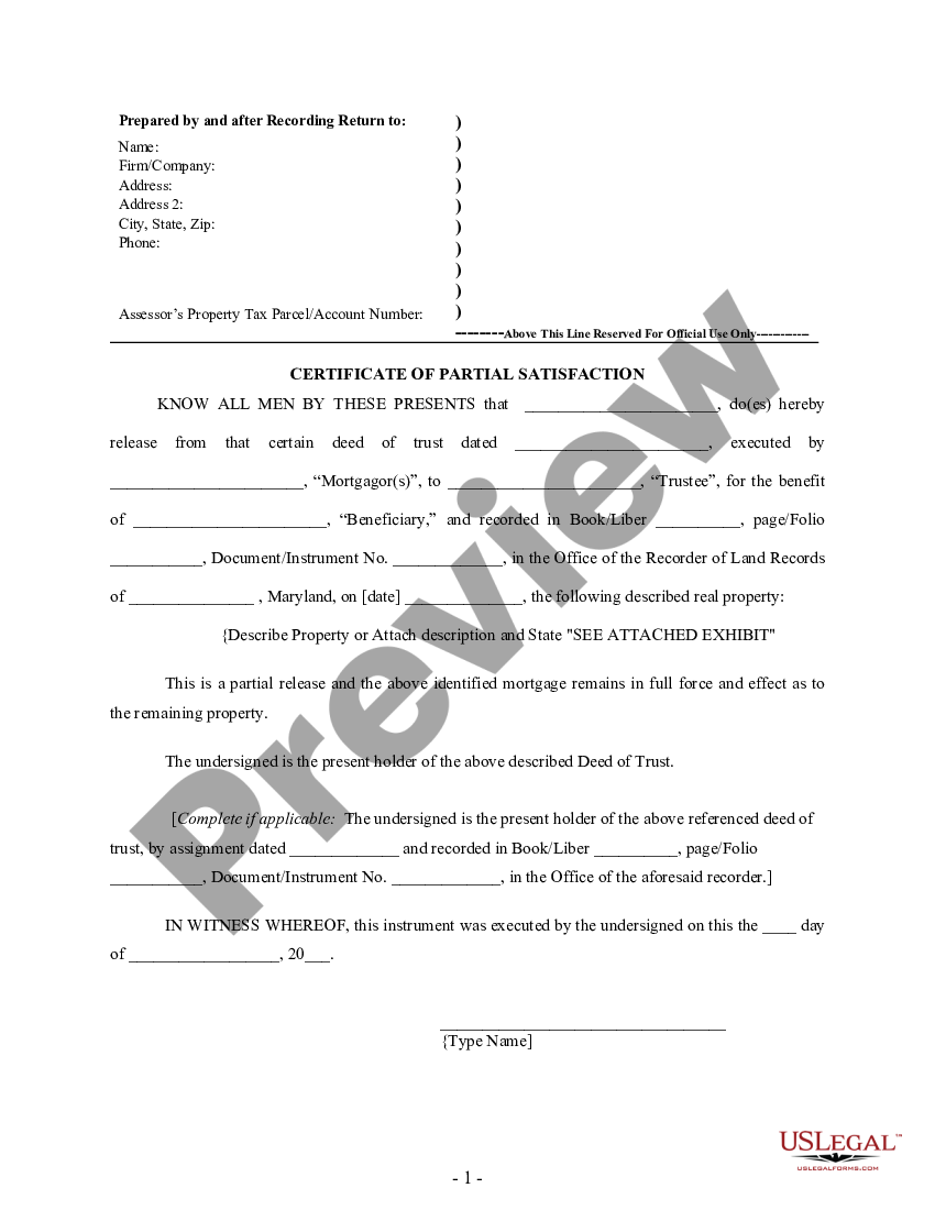 Maryland Partial Release Of Property From Deed Of Trust For Individual 