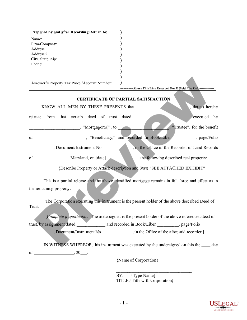 page 0 Partial Release of Property From Deed of Trust for Corporation preview