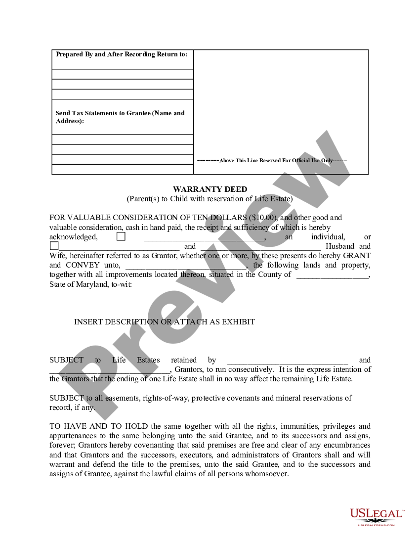 Maryland Life Estate Deed Form For Sale | US Legal Forms