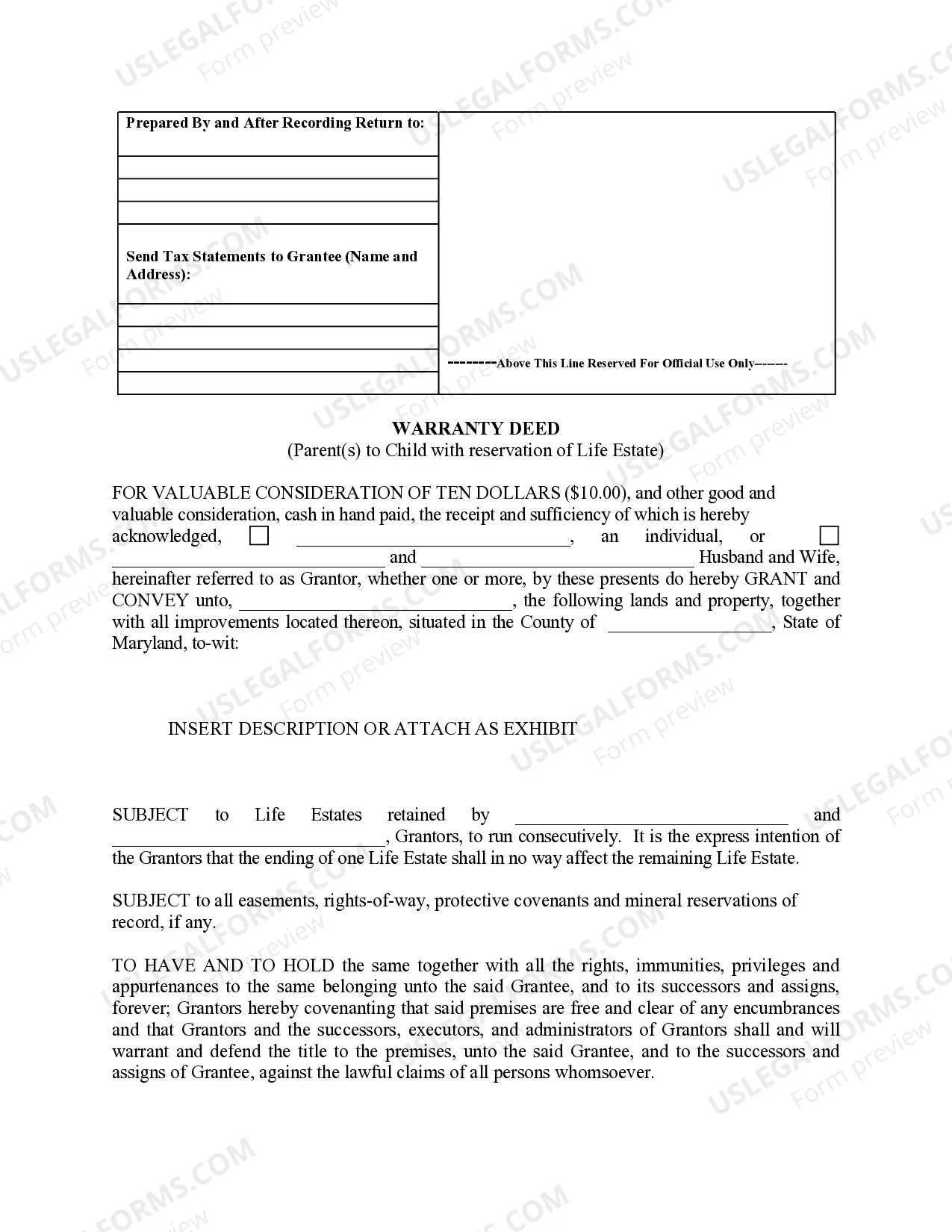 Preview Warranty Deed for Parents to Child with Reservation of Life Estate