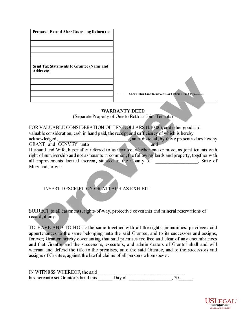 Preview Warranty Deed to Separate Property of One Spouse to Both Spouses as Joint Tenants
