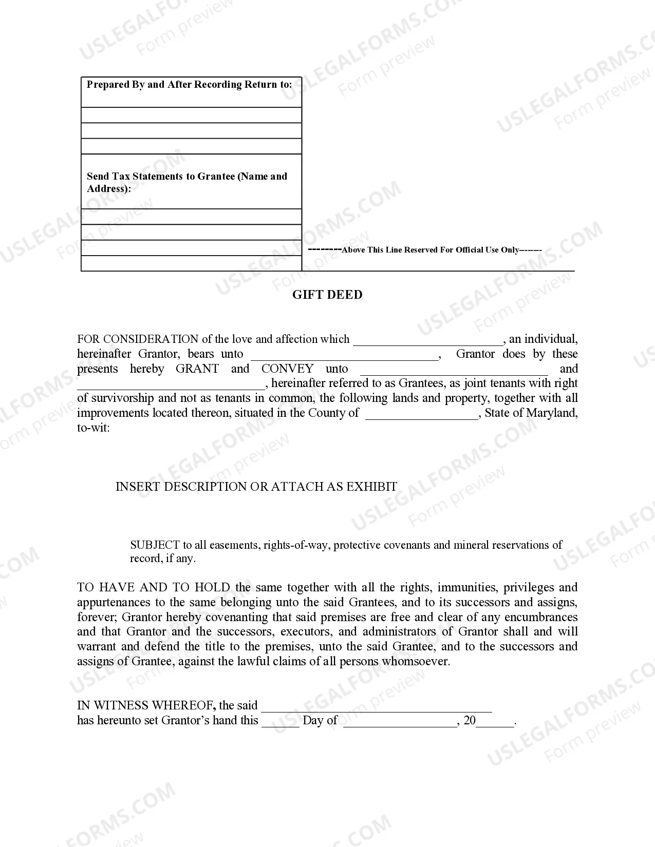 Preview Gift Deed - One Individual to Two Individuals as Joint Tenants