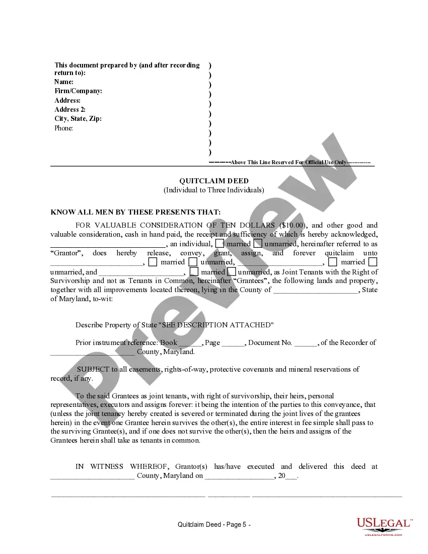Preview Quitclaim Deed from one Individual to Three Individuals as Joint Tenants with the Right of Survivorship