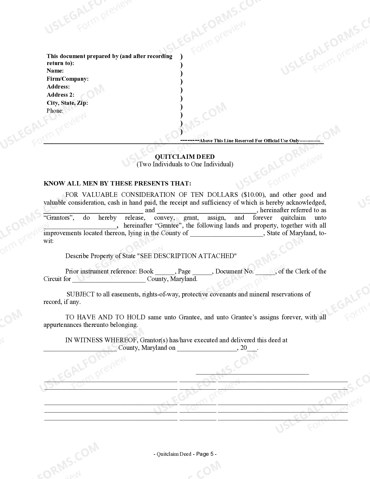 Preview Quitclaim Deed from two Individuals to One Individual