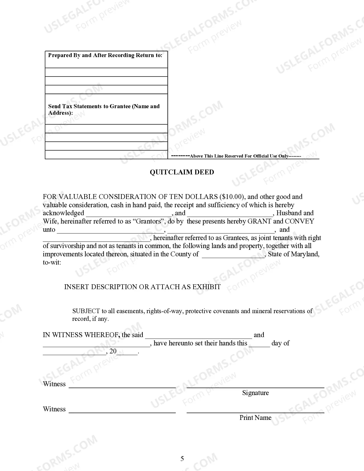 Preview Quitclaim Deed from Husband and Wife to Three Individuals as Joint Tenants