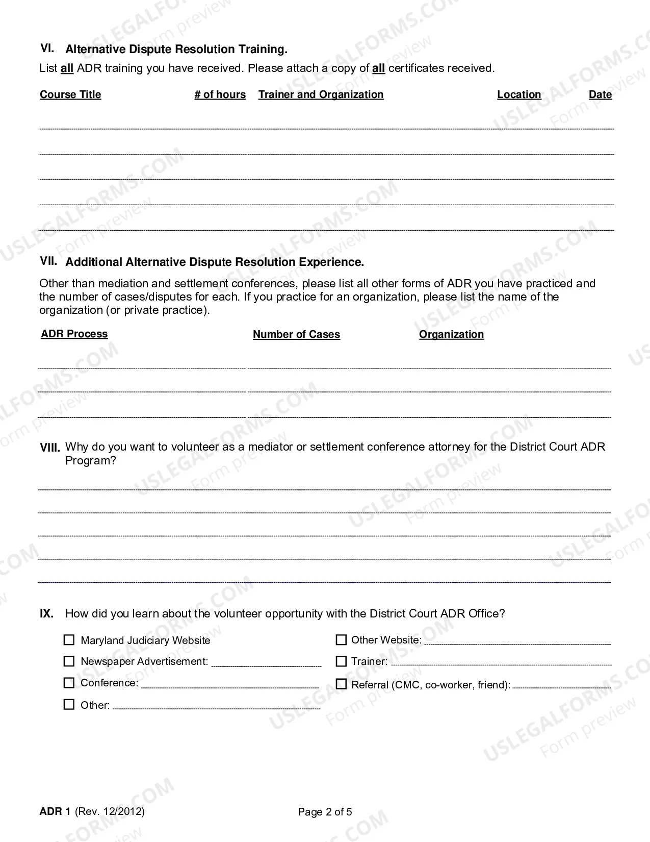 Preview Alternative Dispute Resolution Volunteer Application