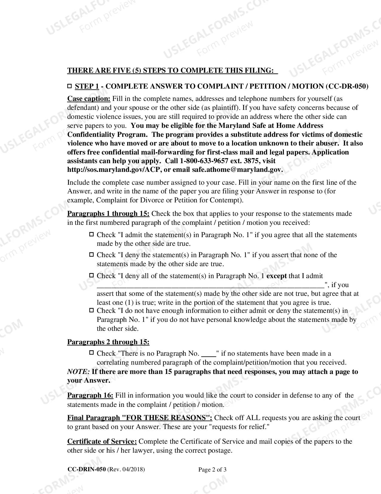Preview Answer to Complaint/Petition/Motion Instructions for Completing Form CC-DR-050