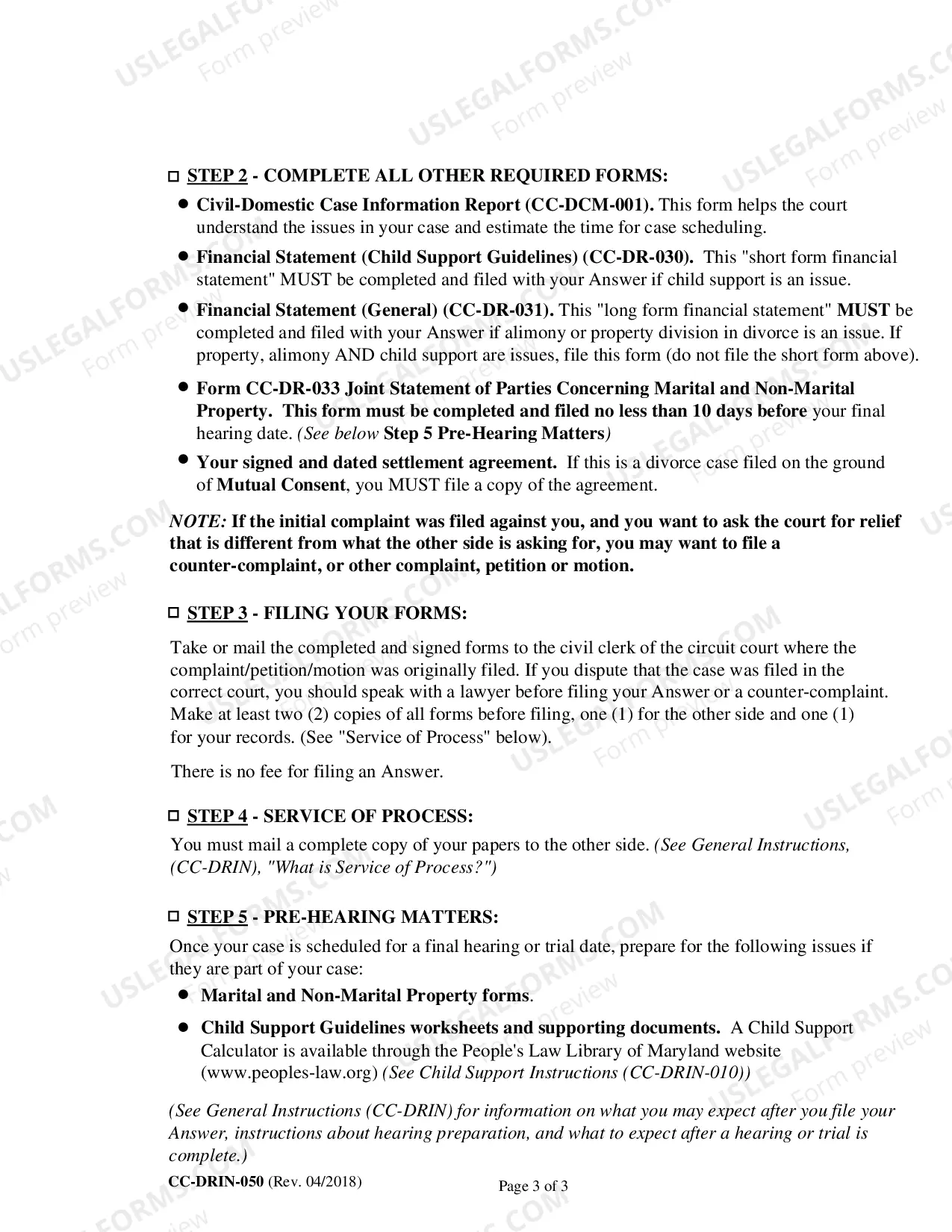 Preview Answer to Complaint/Petition/Motion Instructions for Completing Form CC-DR-050