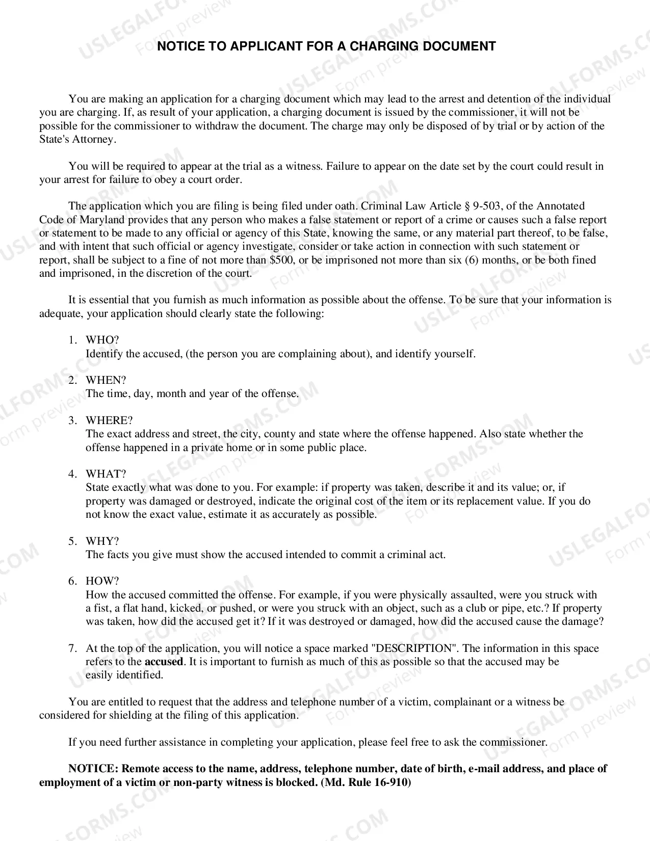 Preview Application for Statement of Charges