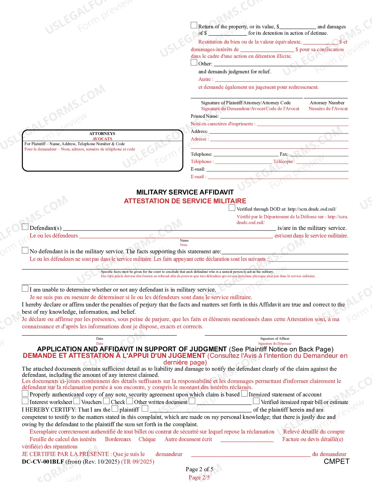 Preview Complaint/Application and Affidavit in Support of Judgment (Bilingual - French Format)