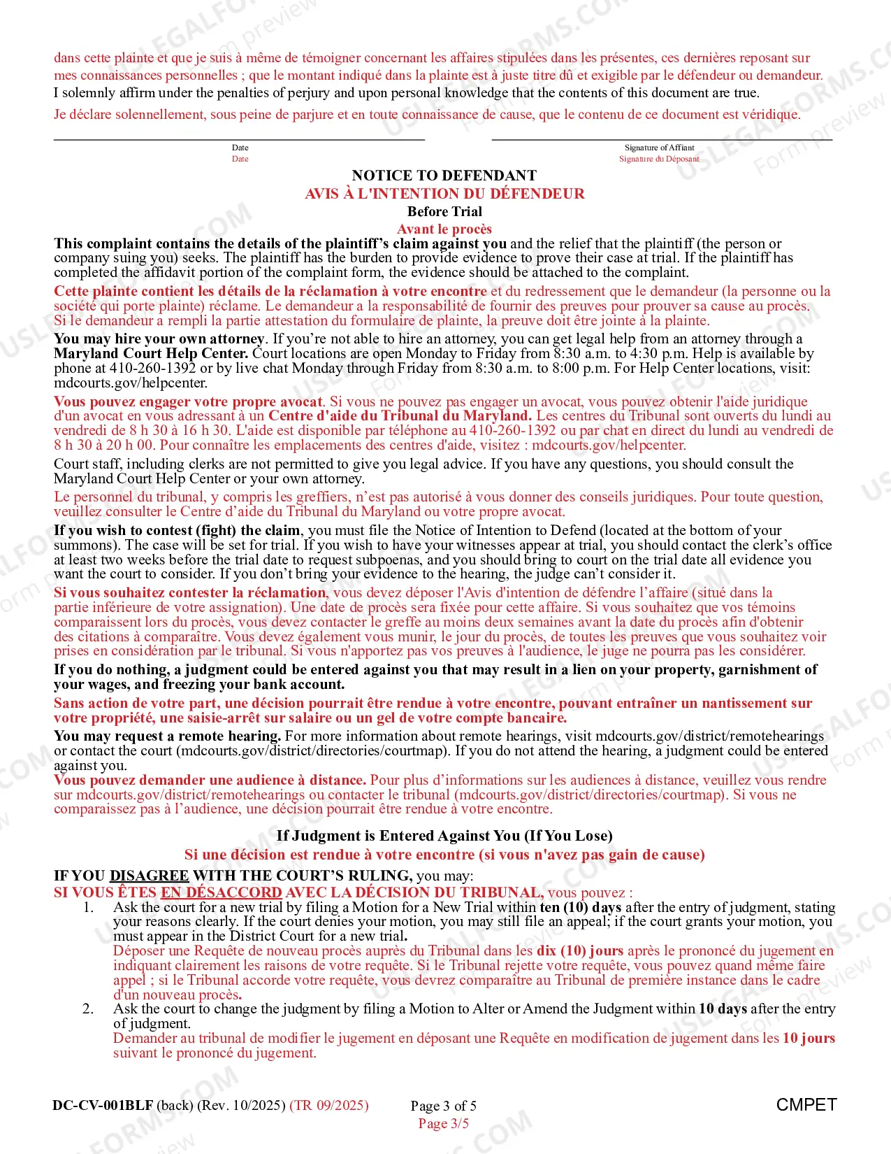 Preview Complaint/Application and Affidavit in Support of Judgment (Bilingual - French Format)