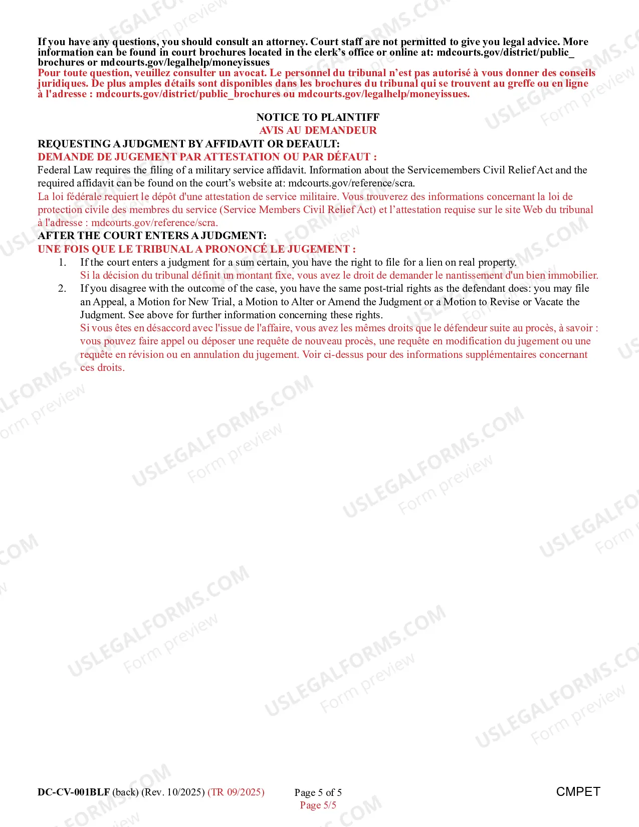 Preview Complaint/Application and Affidavit in Support of Judgment (Bilingual - French Format)