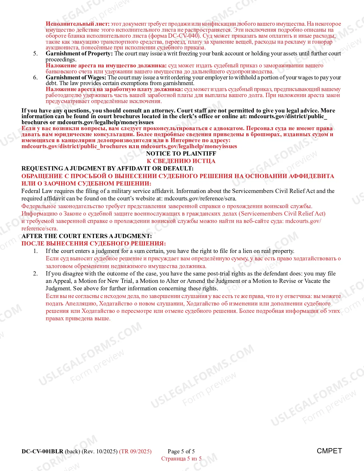 Preview Complaint/Application and Affidavit in Support of Judgment (Bilingual - Russian Format)