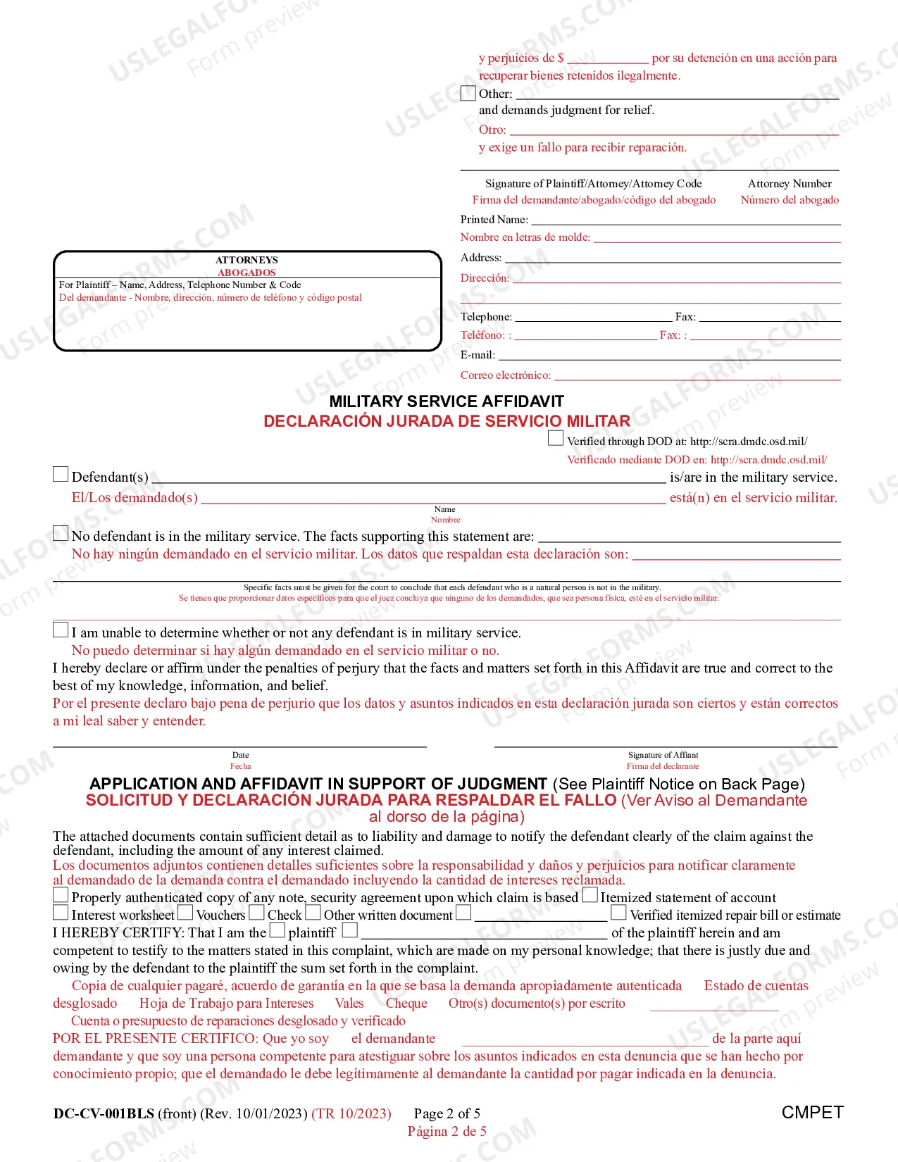Preview Complaint/Application and Affidavit in Support of Judgment (Bilingual - Spanish Format)