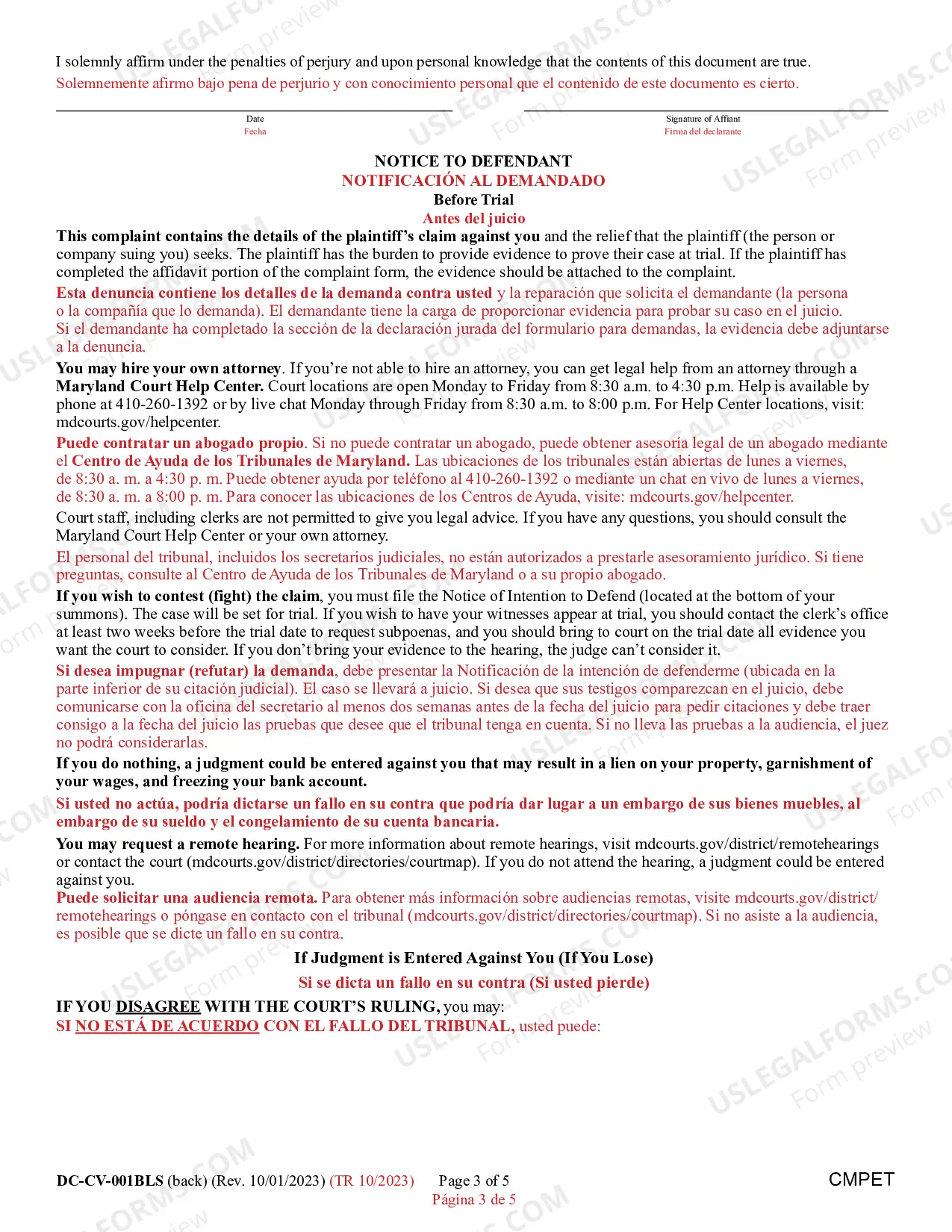 Preview Complaint/Application and Affidavit in Support of Judgment (Bilingual - Spanish Format)