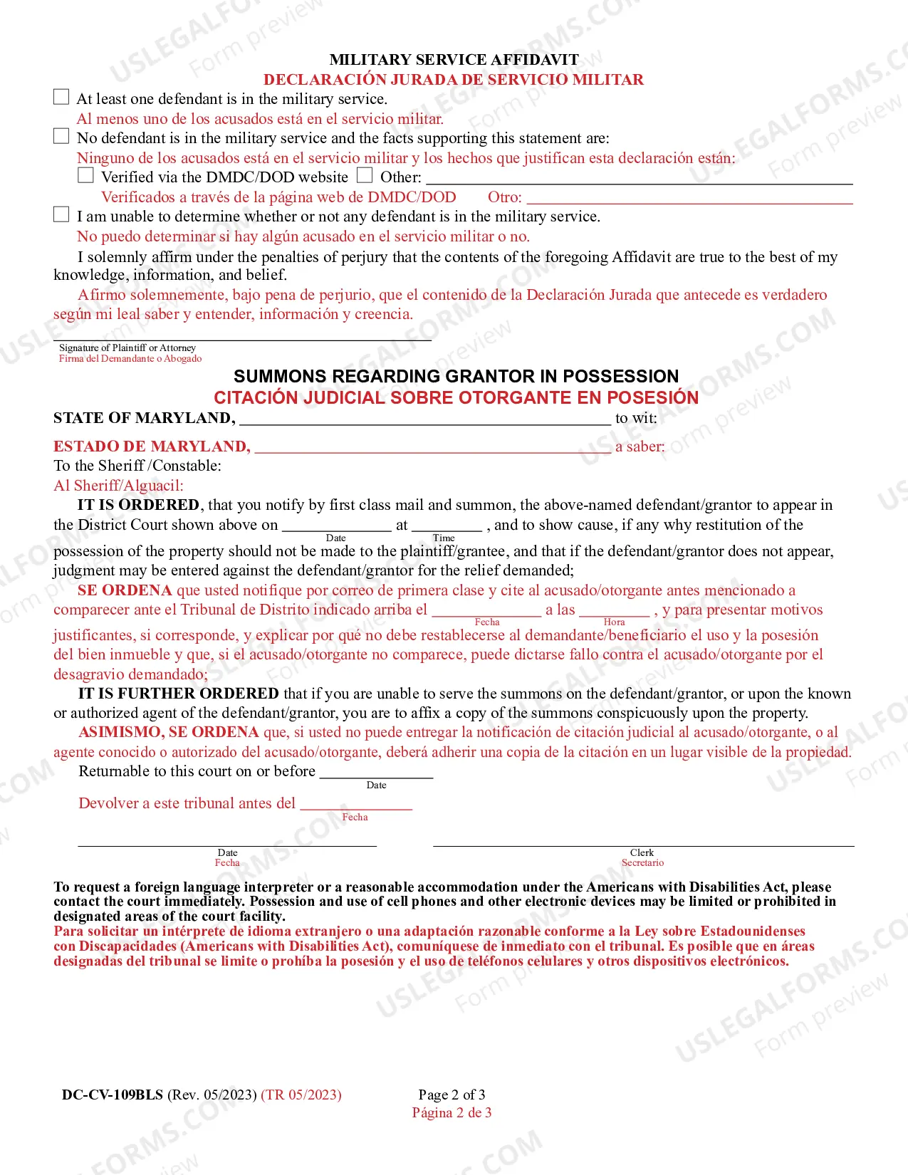 Preview Complaint for Grantor in Possession (Bilingual - Spanish Format)