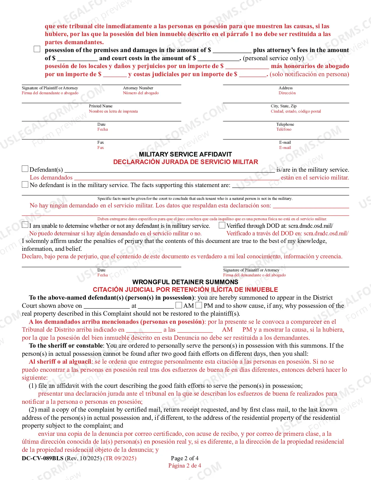 Preview Complaint for Wrongful Detainer (Bilingual - Spanish Format)