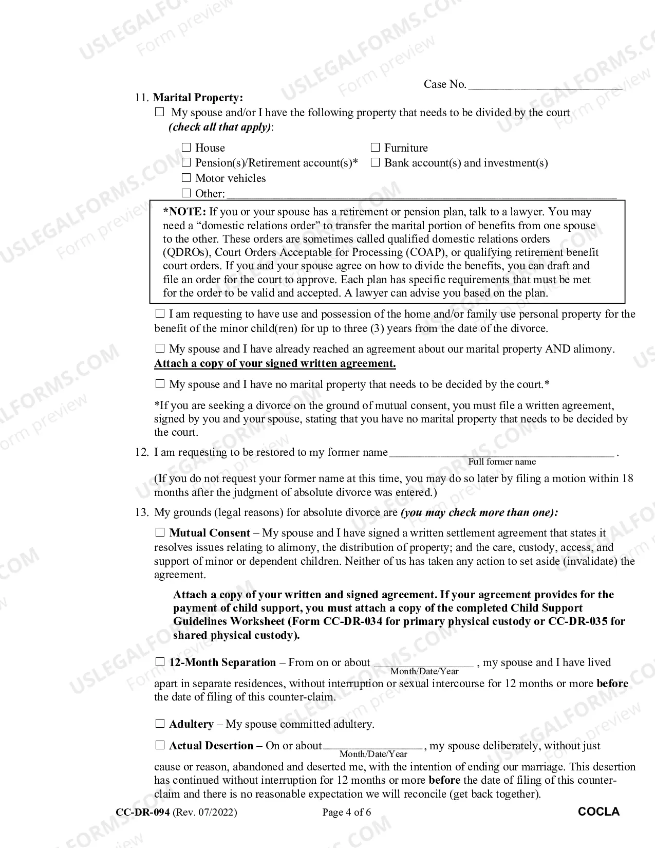 Preview Counter-Complaint for Absolute Divorce Instructions for Completing Form CC-DR-094 (Bilingual-Spanish format)
