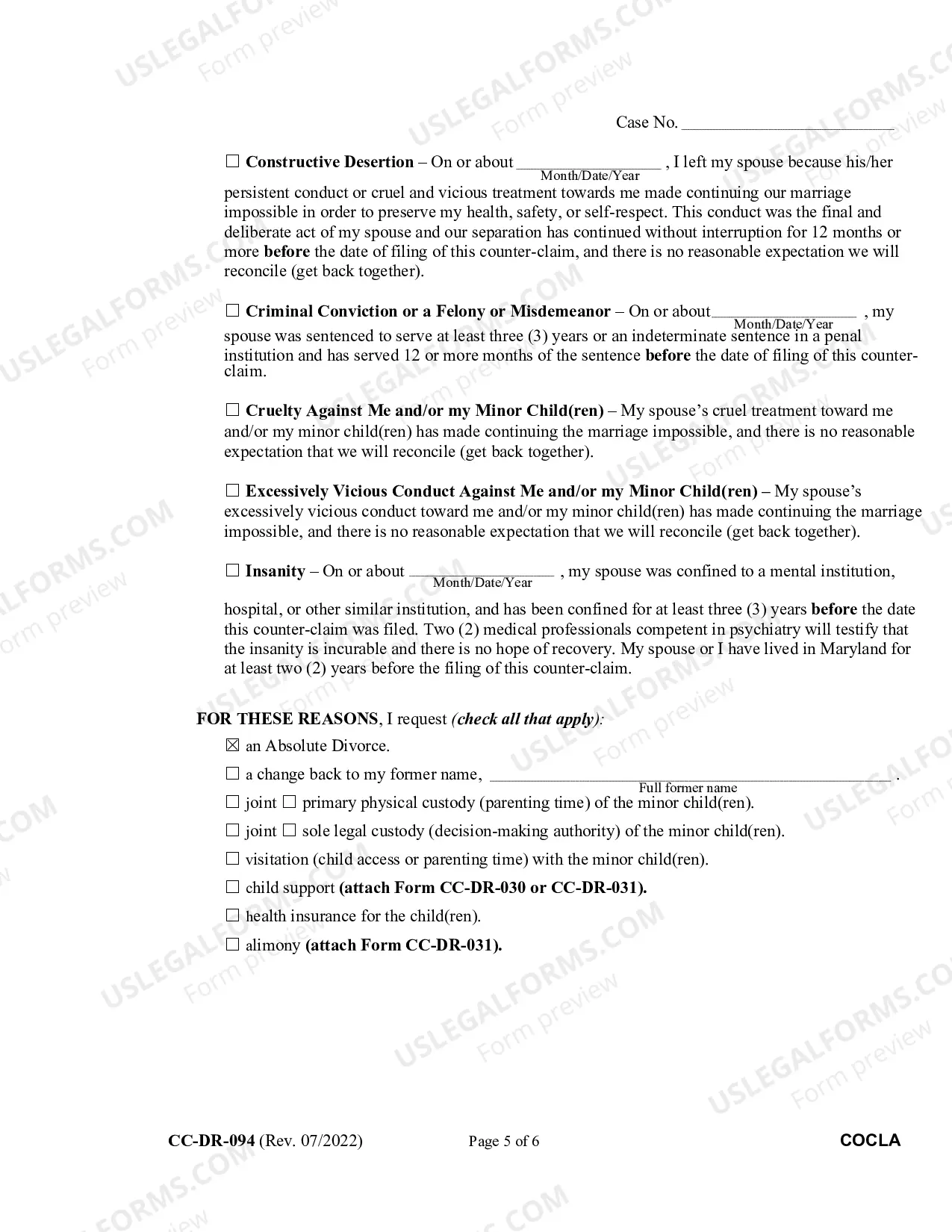 Preview Counter-Complaint for Absolute Divorce Instructions for Completing Form CC-DR-094 (Bilingual-Spanish format)