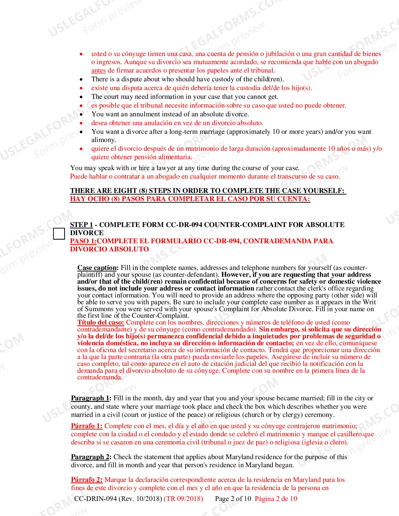 Preview Counter-Complaint for Custody/Child Support CC-DR-095 - Instructions