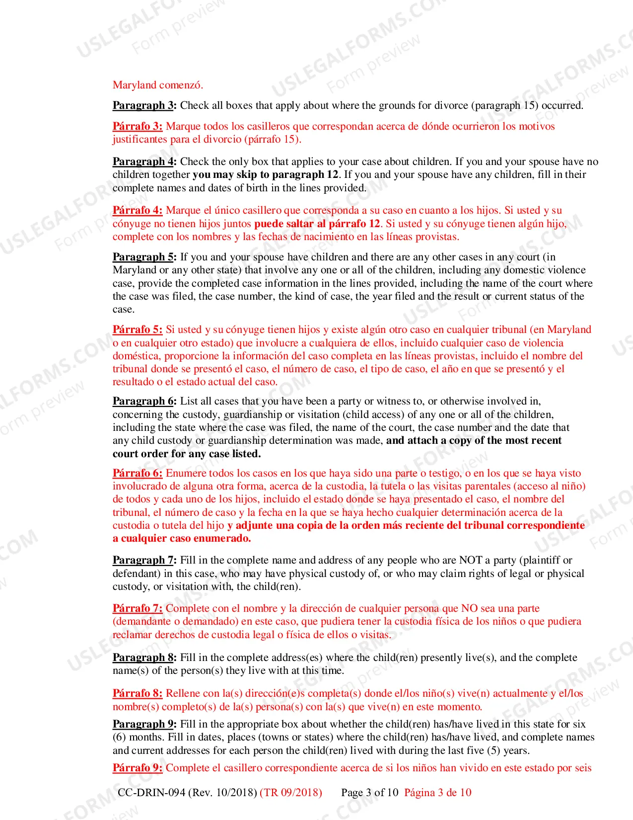 Preview Counter-Complaint for Custody/Child Support CC-DR-095 - Instructions