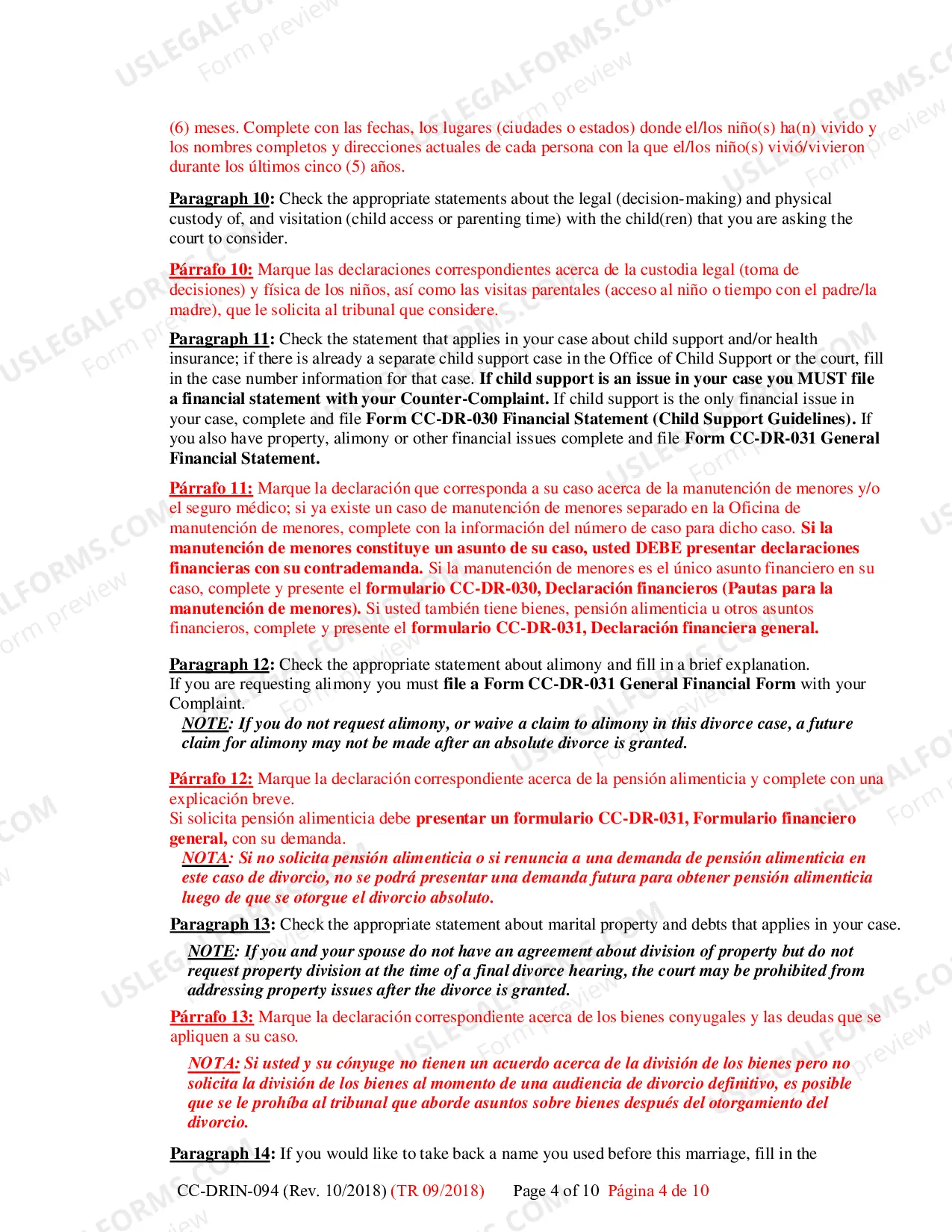 Preview Counter-Complaint for Custody/Child Support CC-DR-095 - Instructions