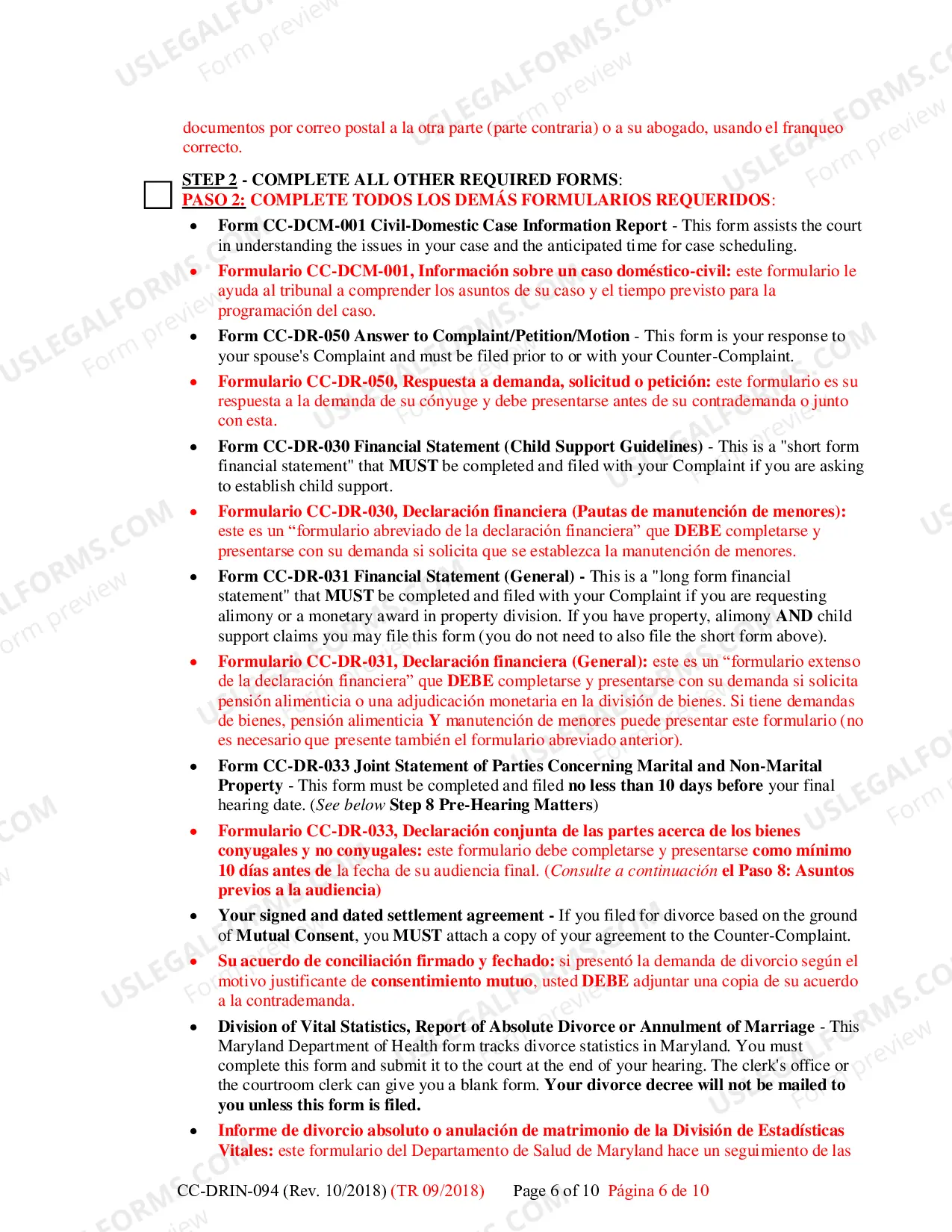 Preview Counter-Complaint for Custody/Child Support CC-DR-095 - Instructions
