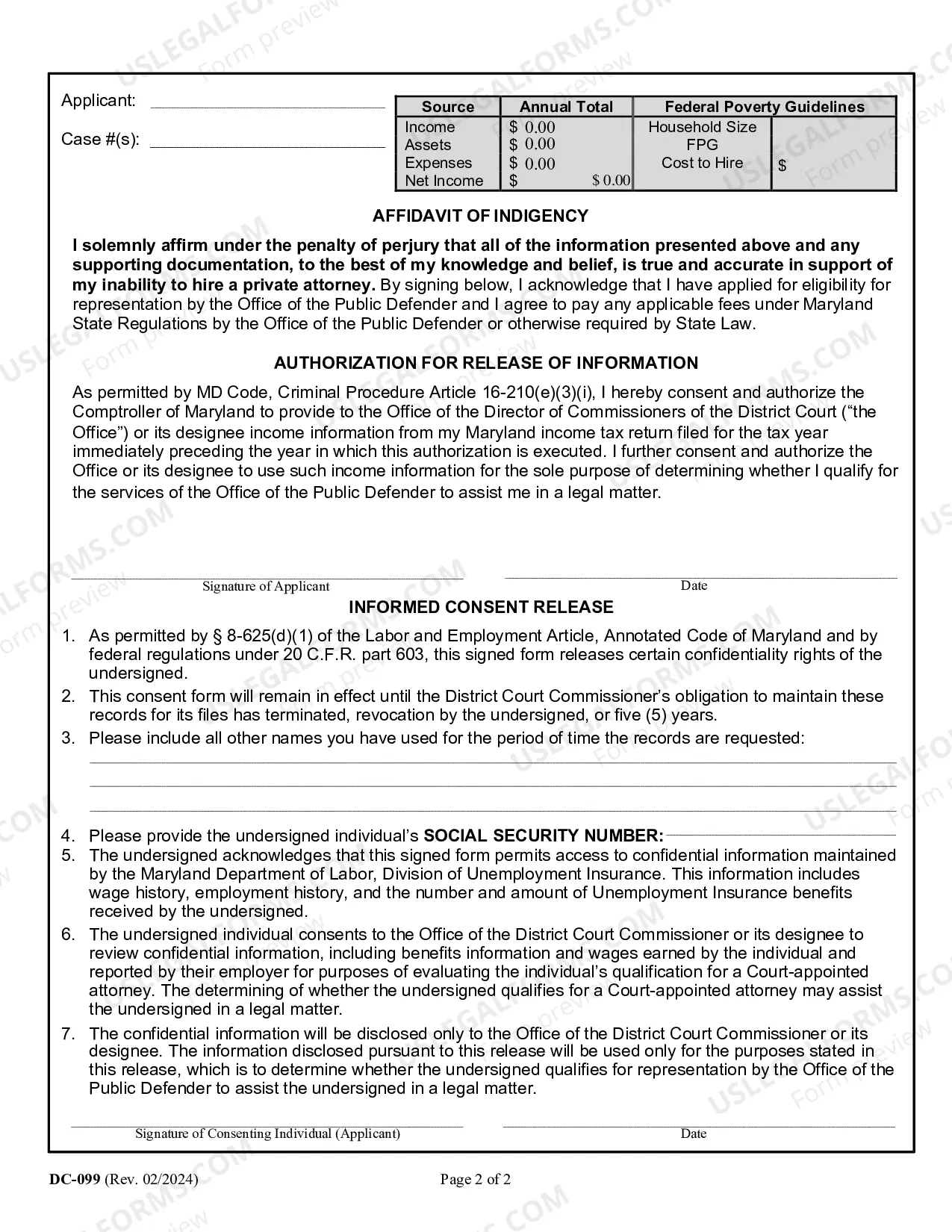Preview DC-099-BLF: DC Commissioner Application for Representation by Office of Public Defender (Bilingual French version)
