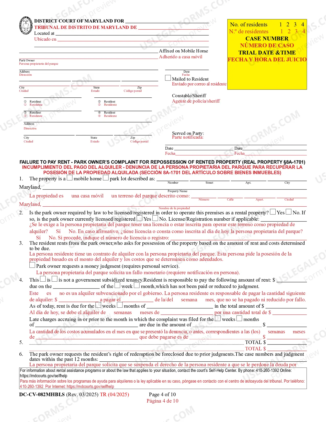 Preview Failure to Pay Park Owner's Complaint for Repossession of Rented Property (Bilingual - Spanish Format)