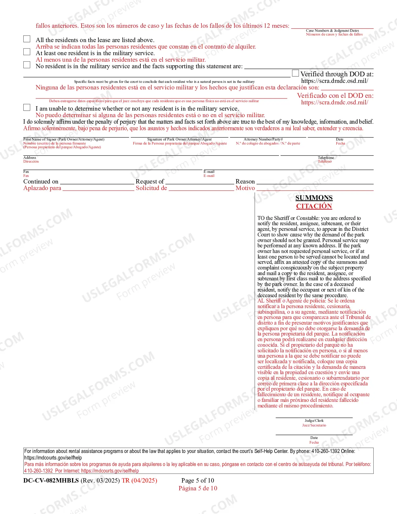 Preview Failure to Pay Park Owner's Complaint for Repossession of Rented Property (Bilingual - Spanish Format)