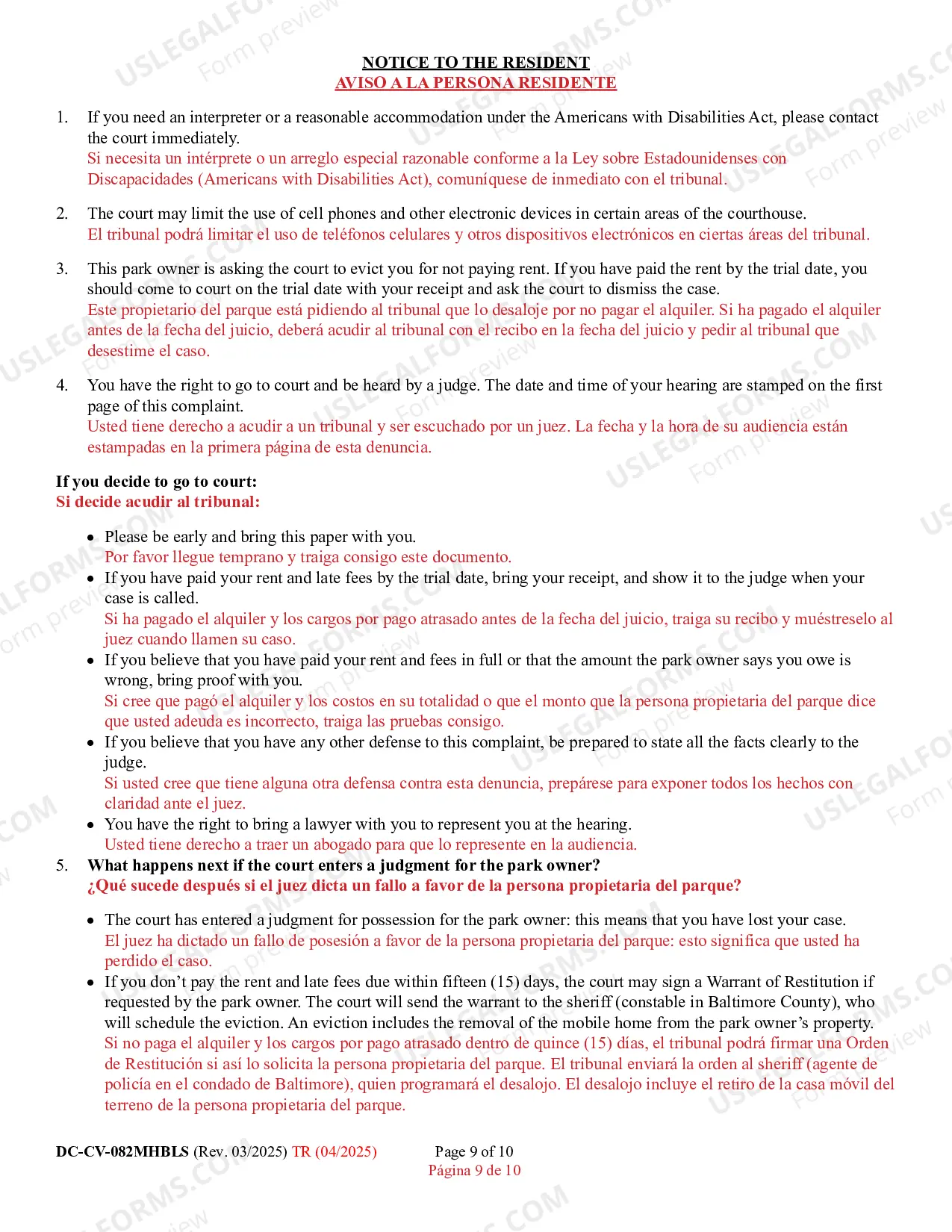 Preview Failure to Pay Park Owner's Complaint for Repossession of Rented Property (Bilingual - Spanish Format)