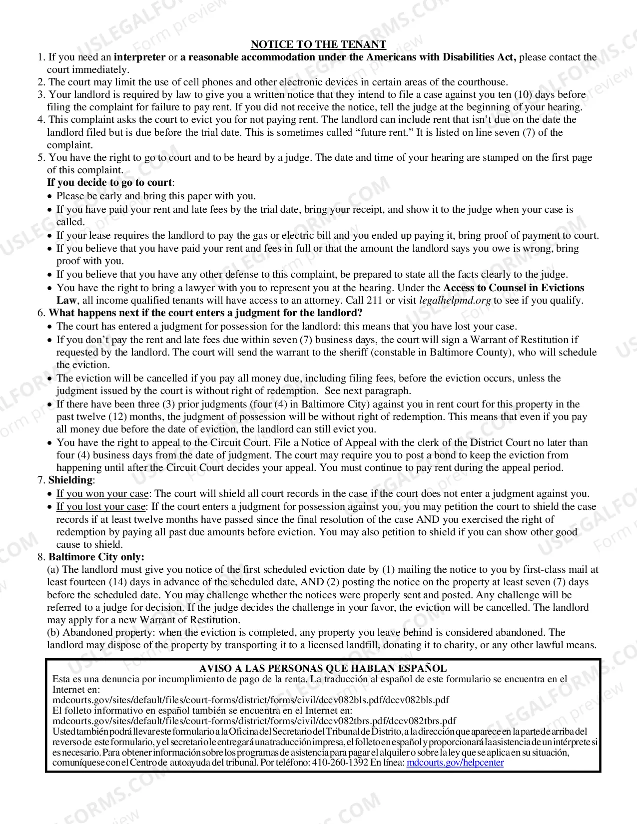 Preview Failure to Pay Rent / Landlord's Complaint for Repossession of Rented Property (Bilingual - Spanish Format)