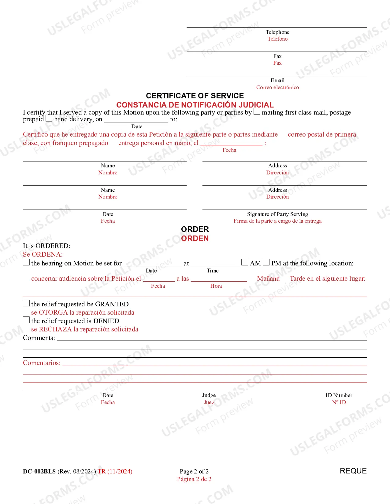 Preview Motion/Certfiicate of Service/Order (Bilingual - Spanish Format)