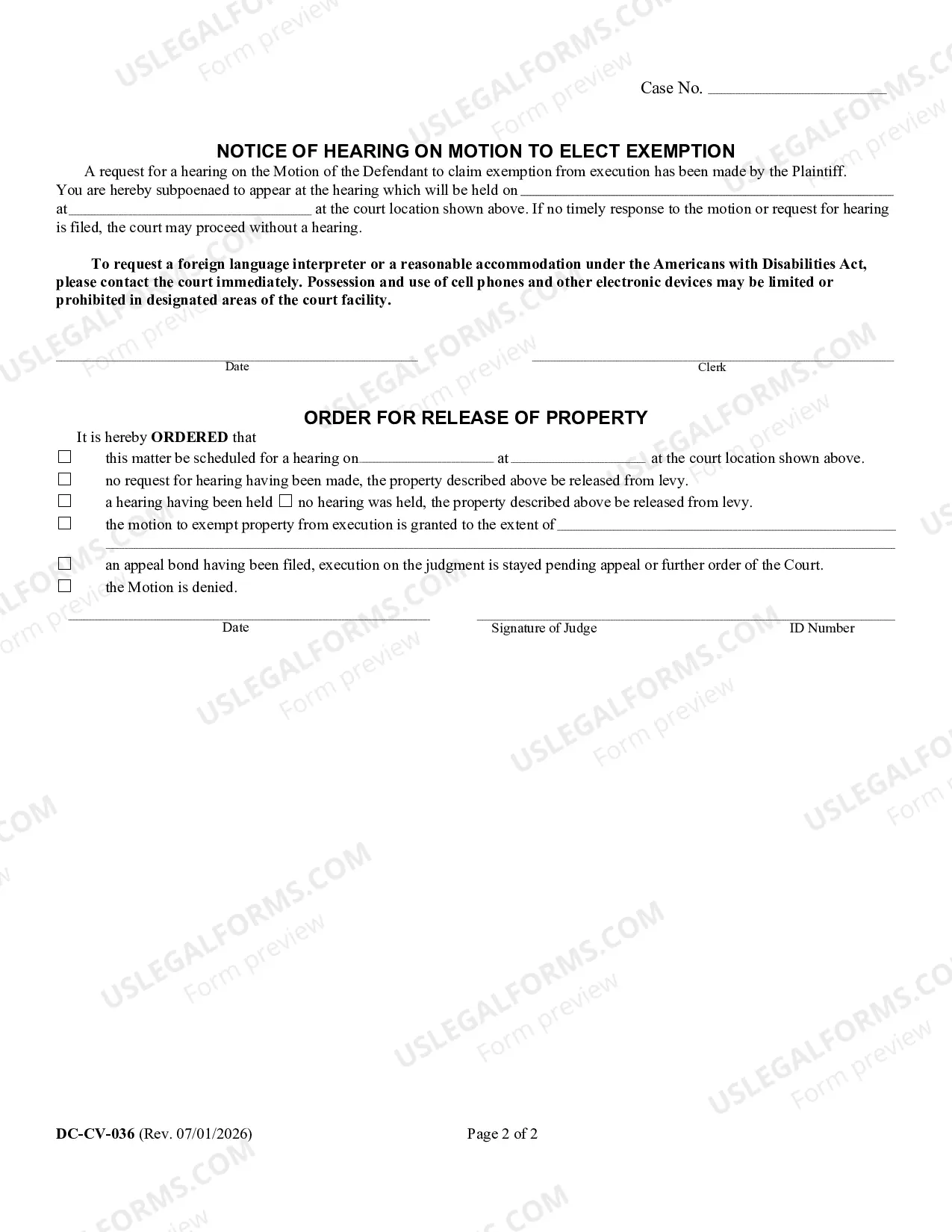 Preview Motion for Release of Property From Levy/Garnishment or to Exempt Property from Execution