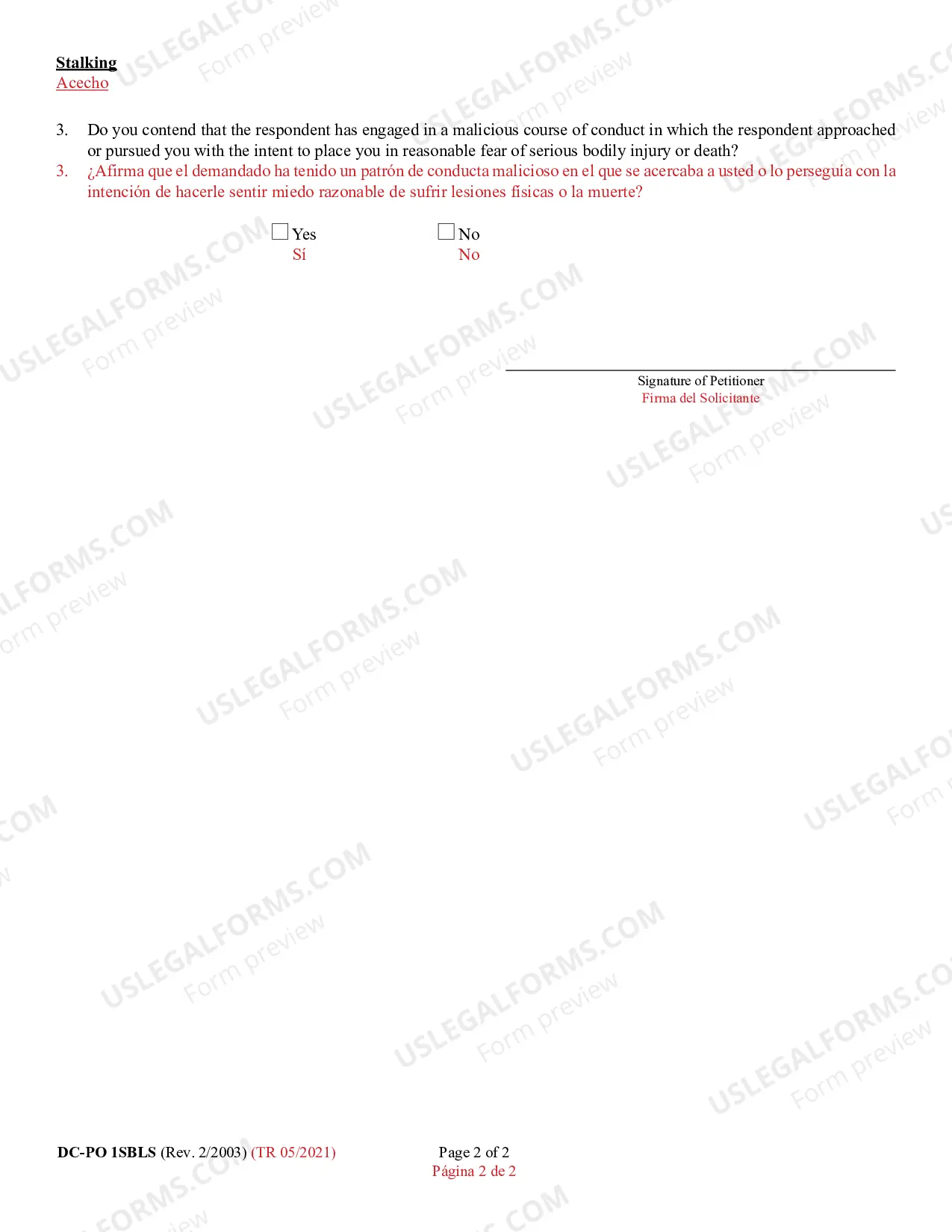 Preview Peace Order Supplement (Bilingual - Spanish Format)