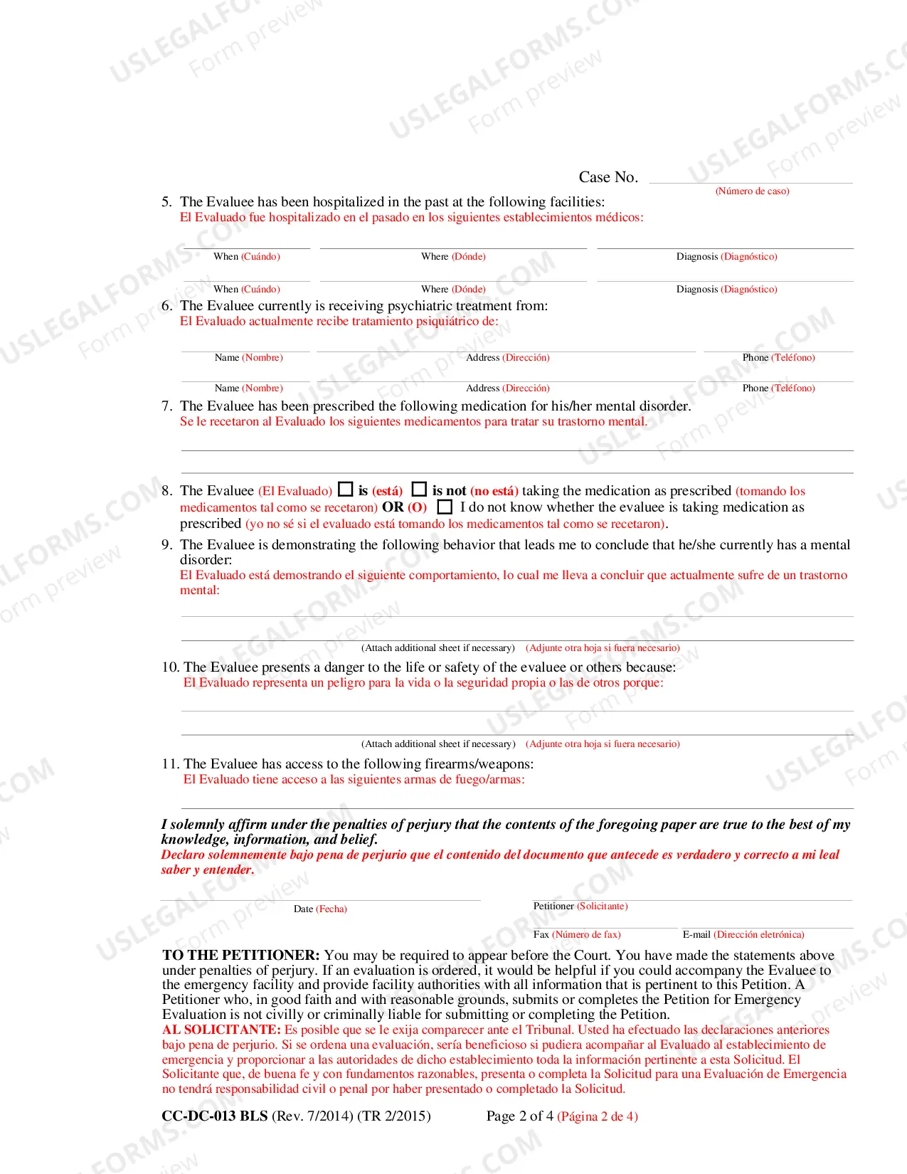 Preview Petition for Emergency Evaluation (Bilingual - Spanish Format)