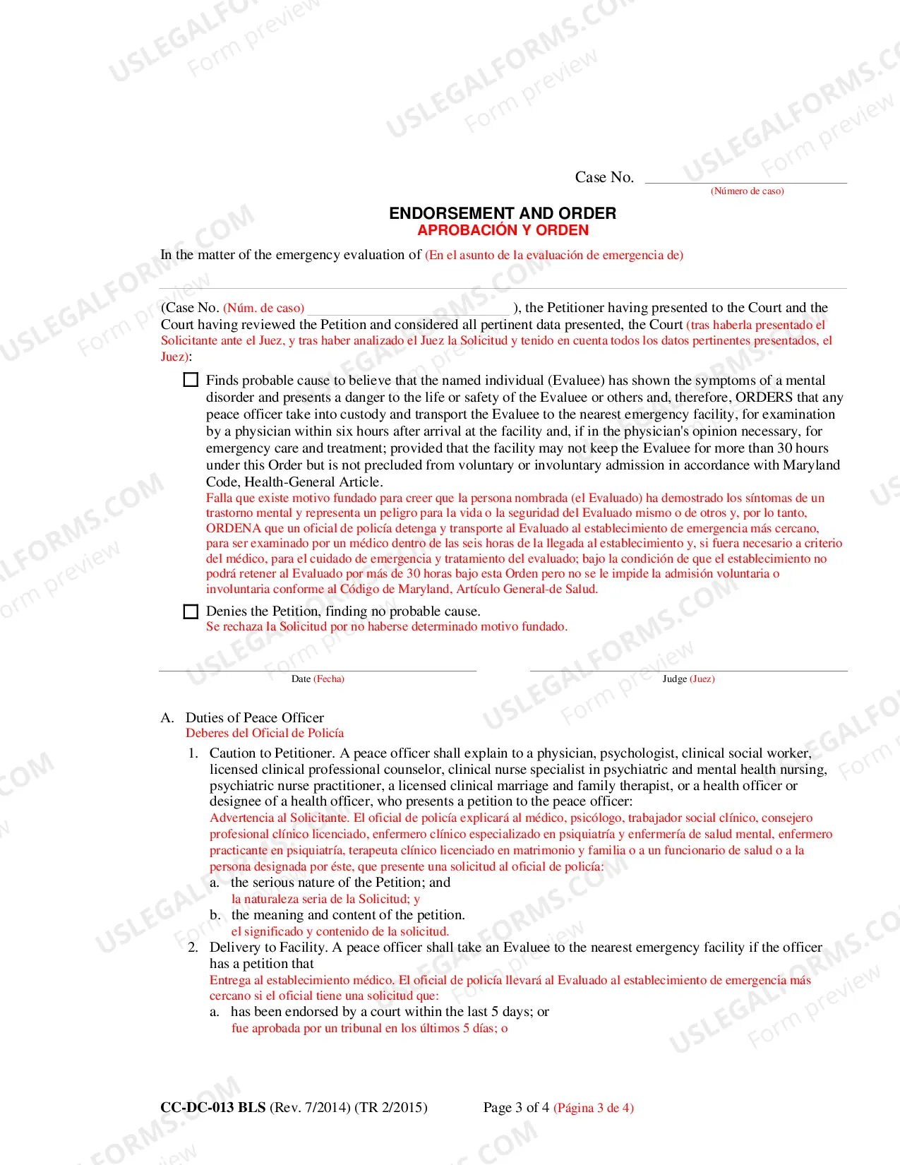 Preview Petition for Emergency Evaluation (Bilingual - Spanish Format)