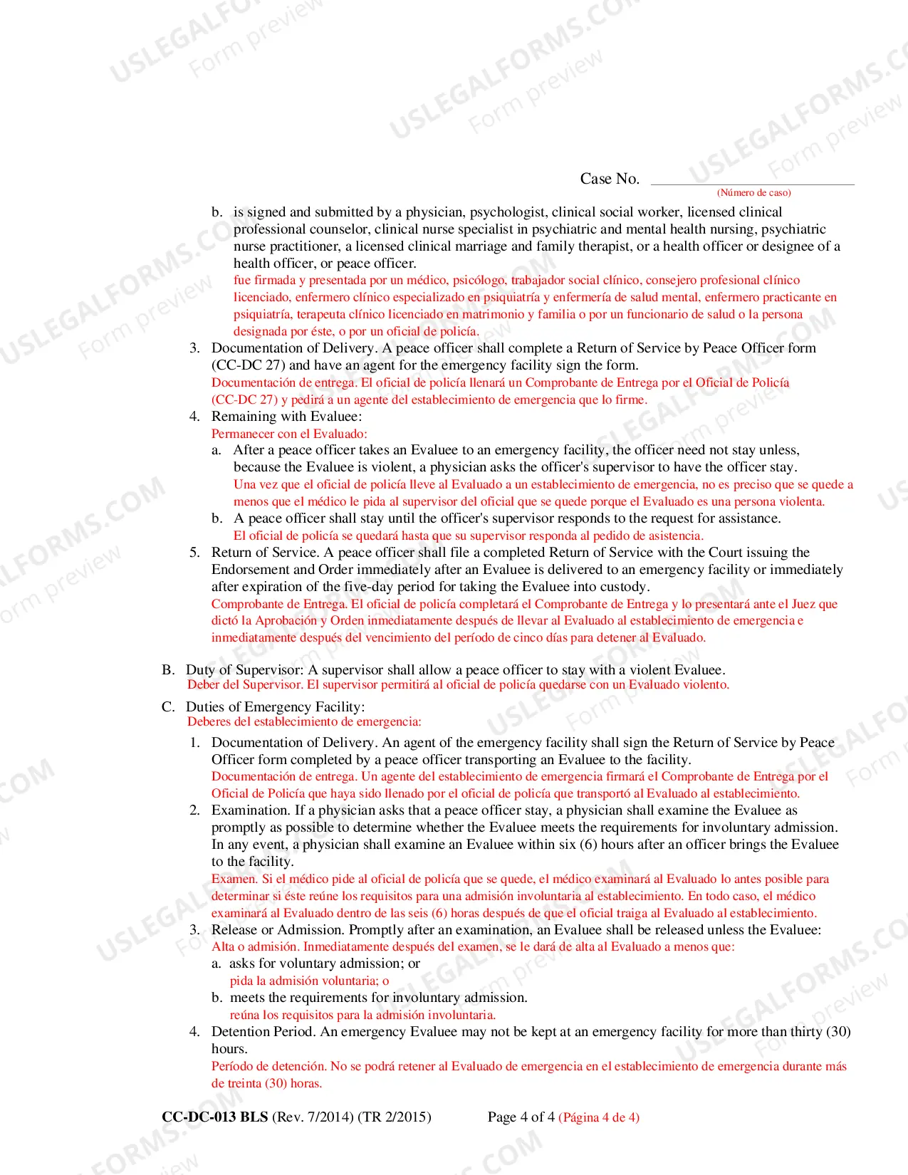 Preview Petition for Emergency Evaluation (Bilingual - Spanish Format)