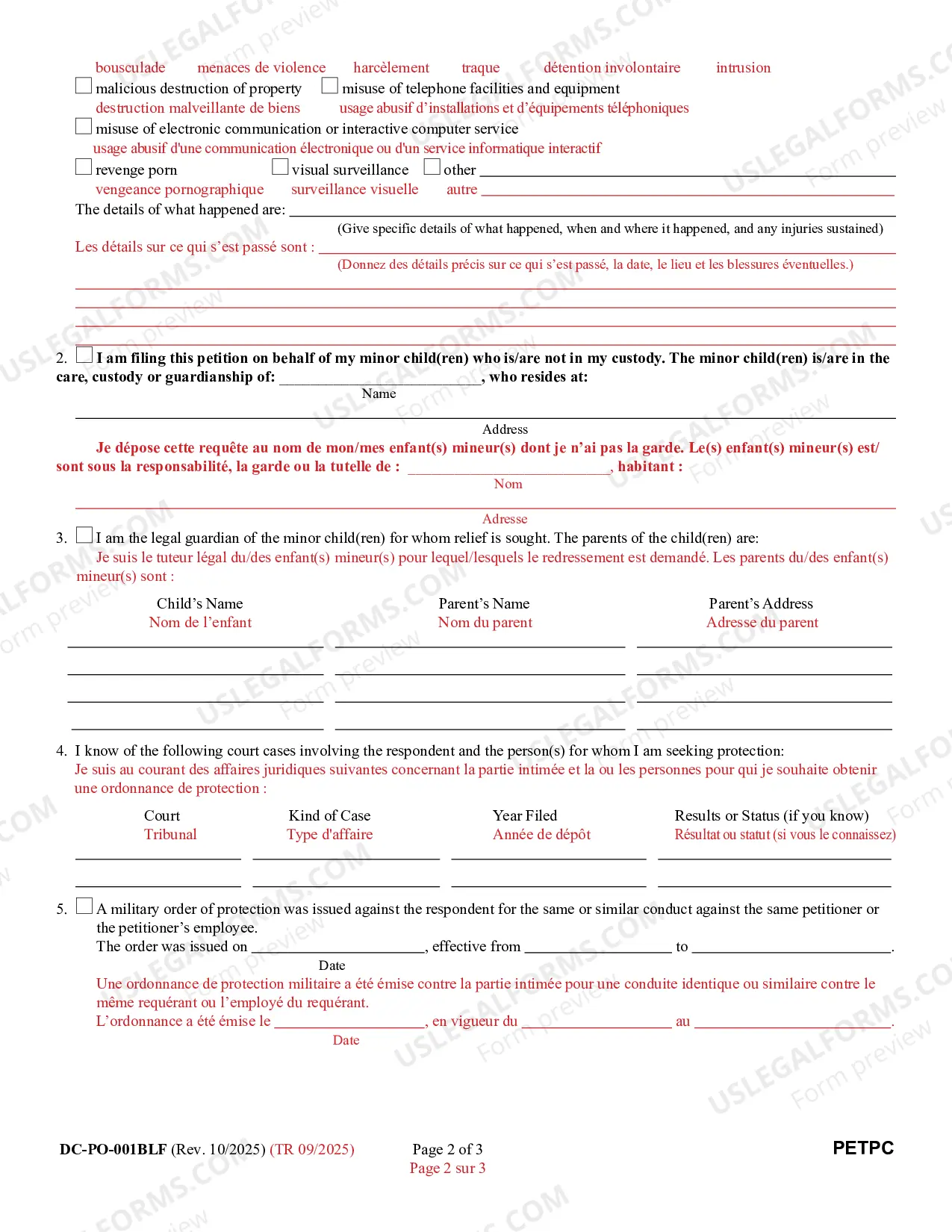 Preview Petition for Peace Order (Bilingual - French Format)