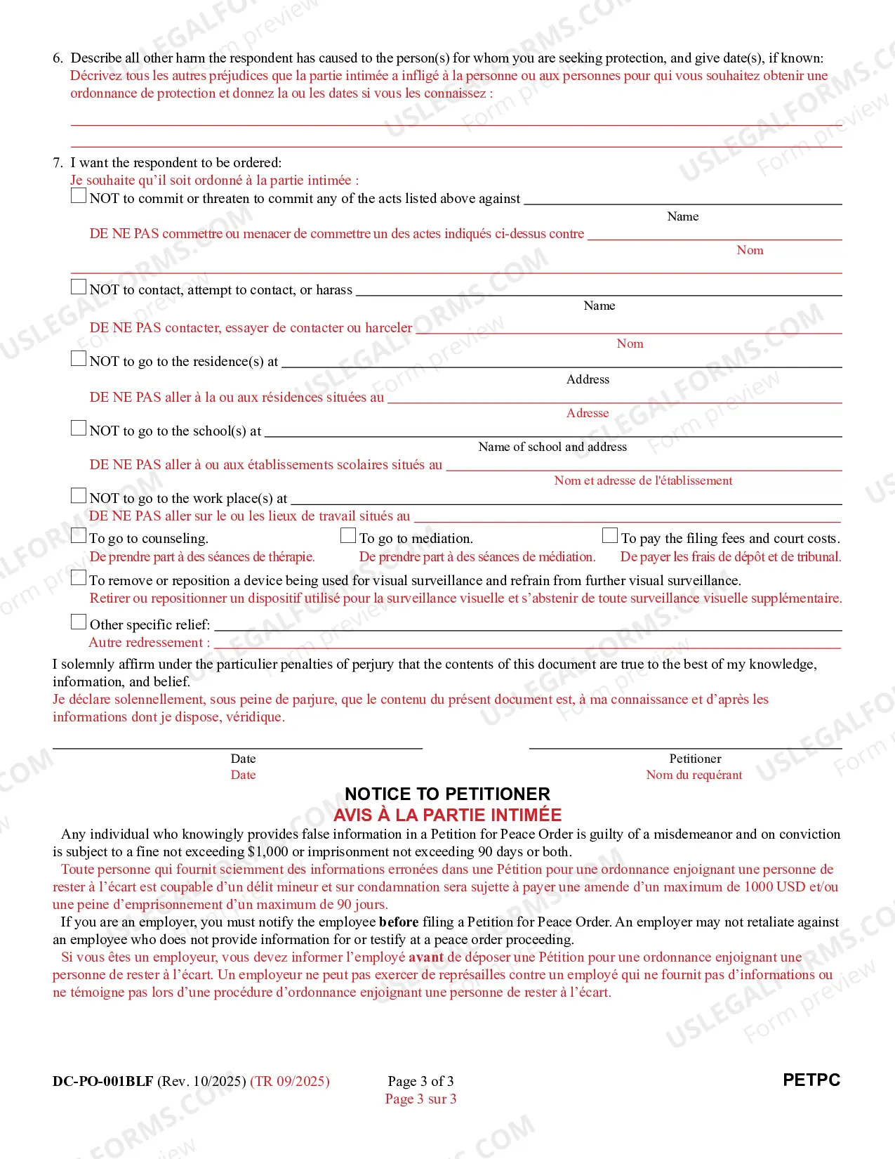 Preview Petition for Peace Order (Bilingual - French Format)