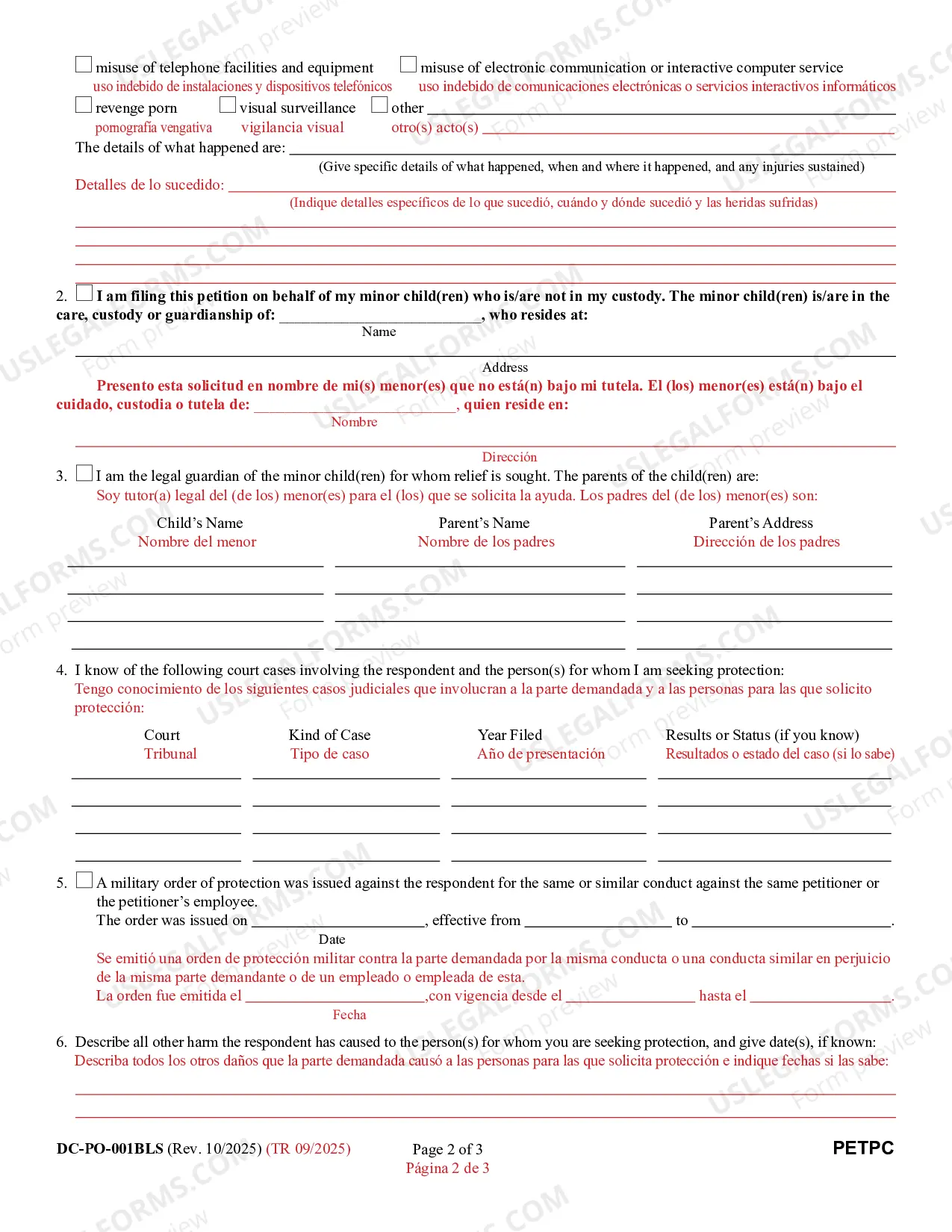 Preview Petition for Peace Order (Bilingual - Spanish Format)