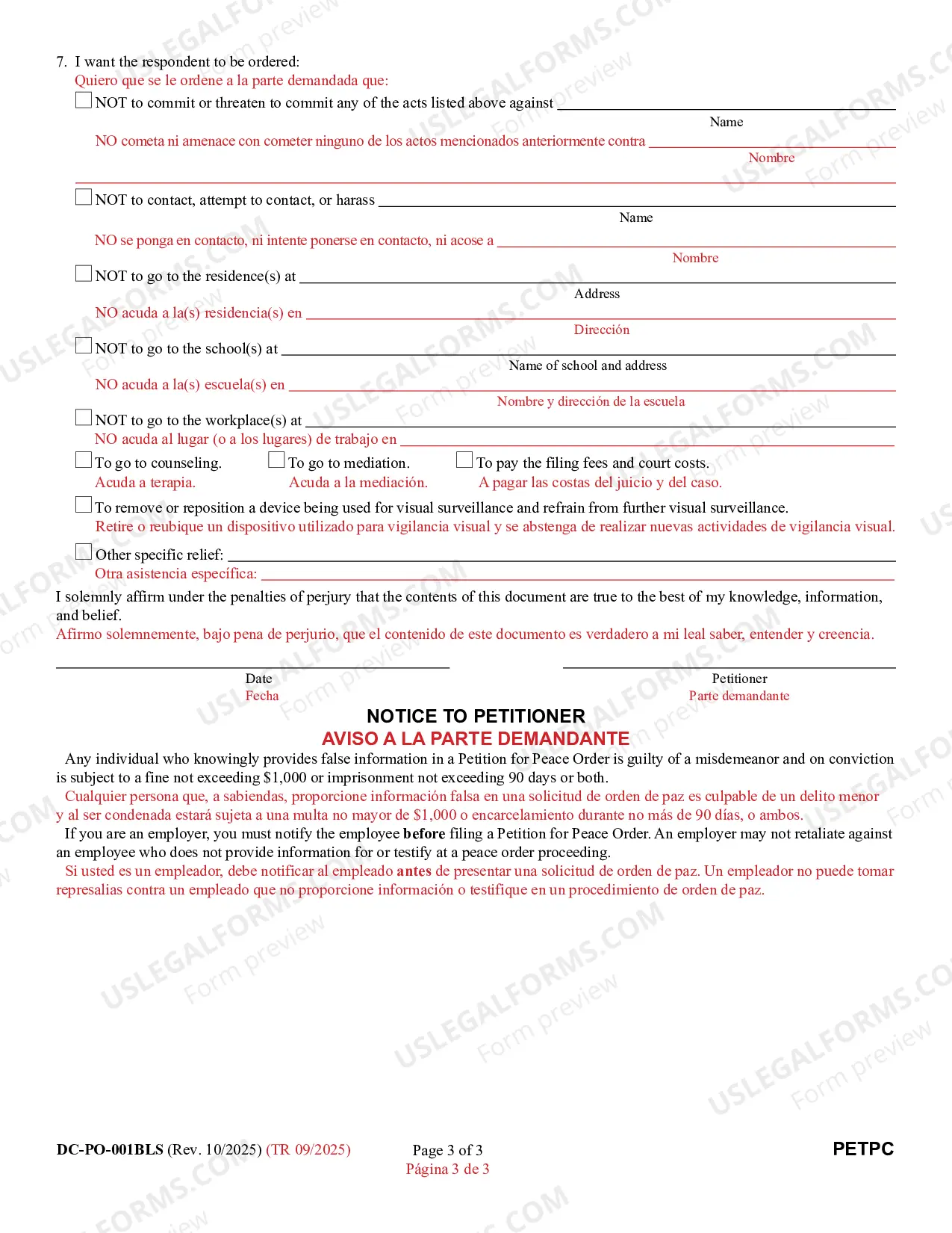 Preview Petition for Peace Order (Bilingual - Spanish Format)