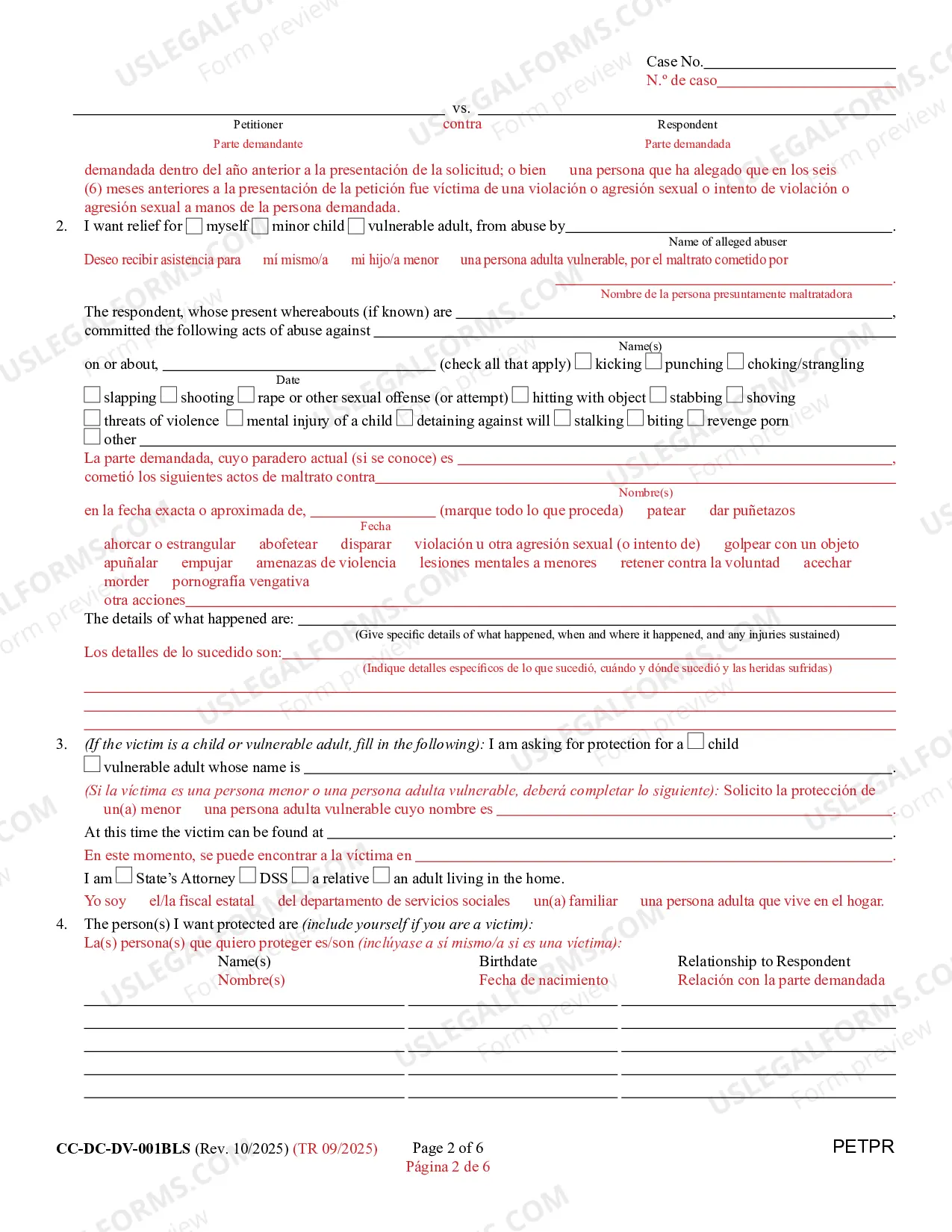 Preview Petition For Protection From Domestic Violence/Child Abuse/Vulnerable Adult Abuse (Bilingual - Spanish Format)