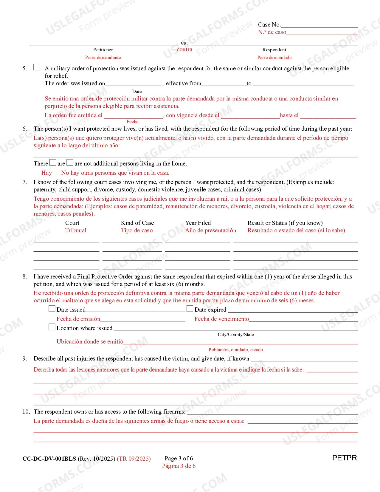 Preview Petition For Protection From Domestic Violence/Child Abuse/Vulnerable Adult Abuse (Bilingual - Spanish Format)