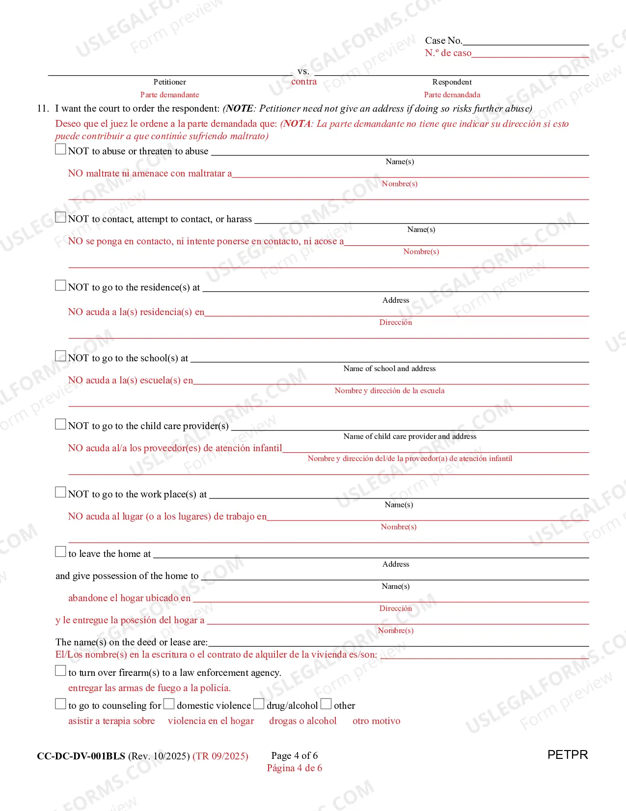 Preview Petition For Protection From Domestic Violence/Child Abuse/Vulnerable Adult Abuse (Bilingual - Spanish Format)